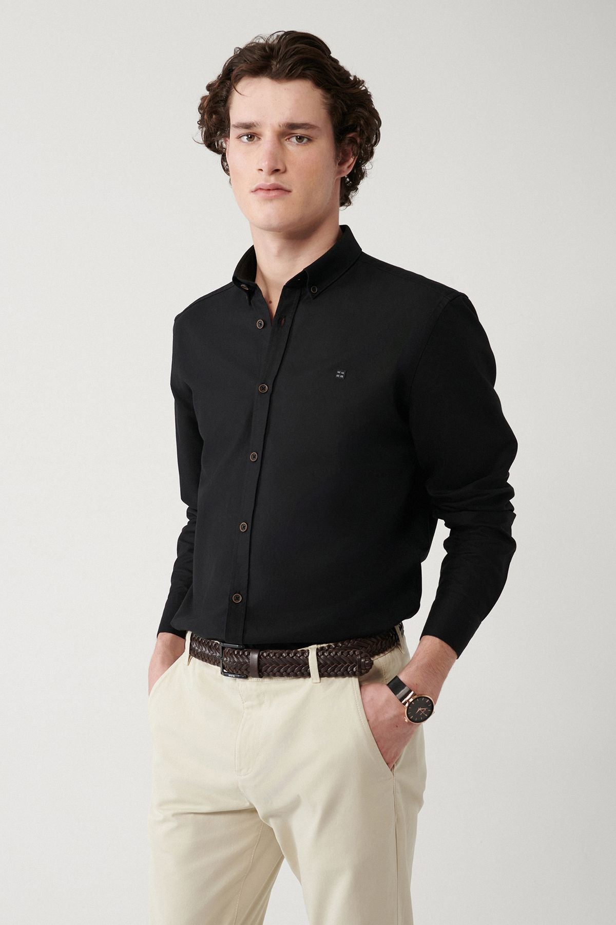Men's black 100 %cotton button with collar shirt A32Y2120
