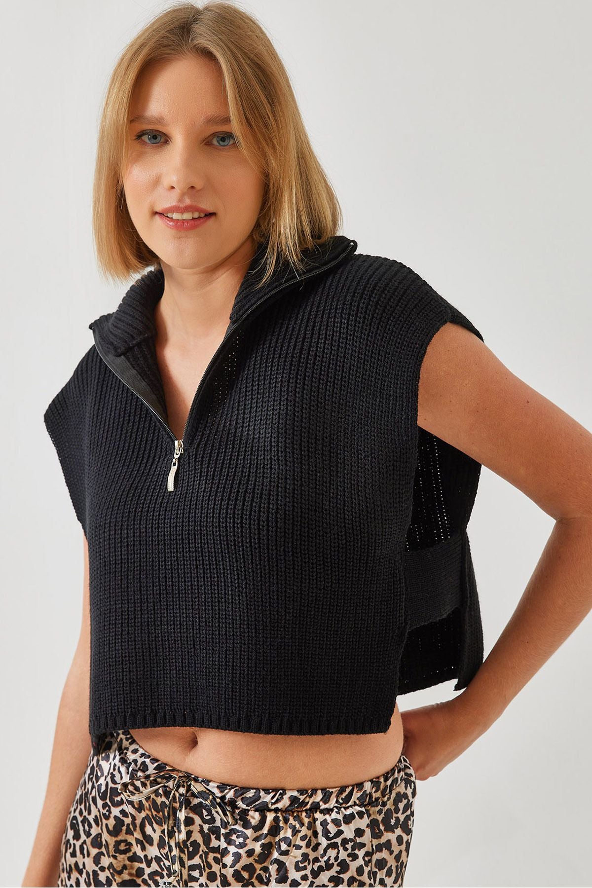 Women Zippered Knitwear Süveter 60261018