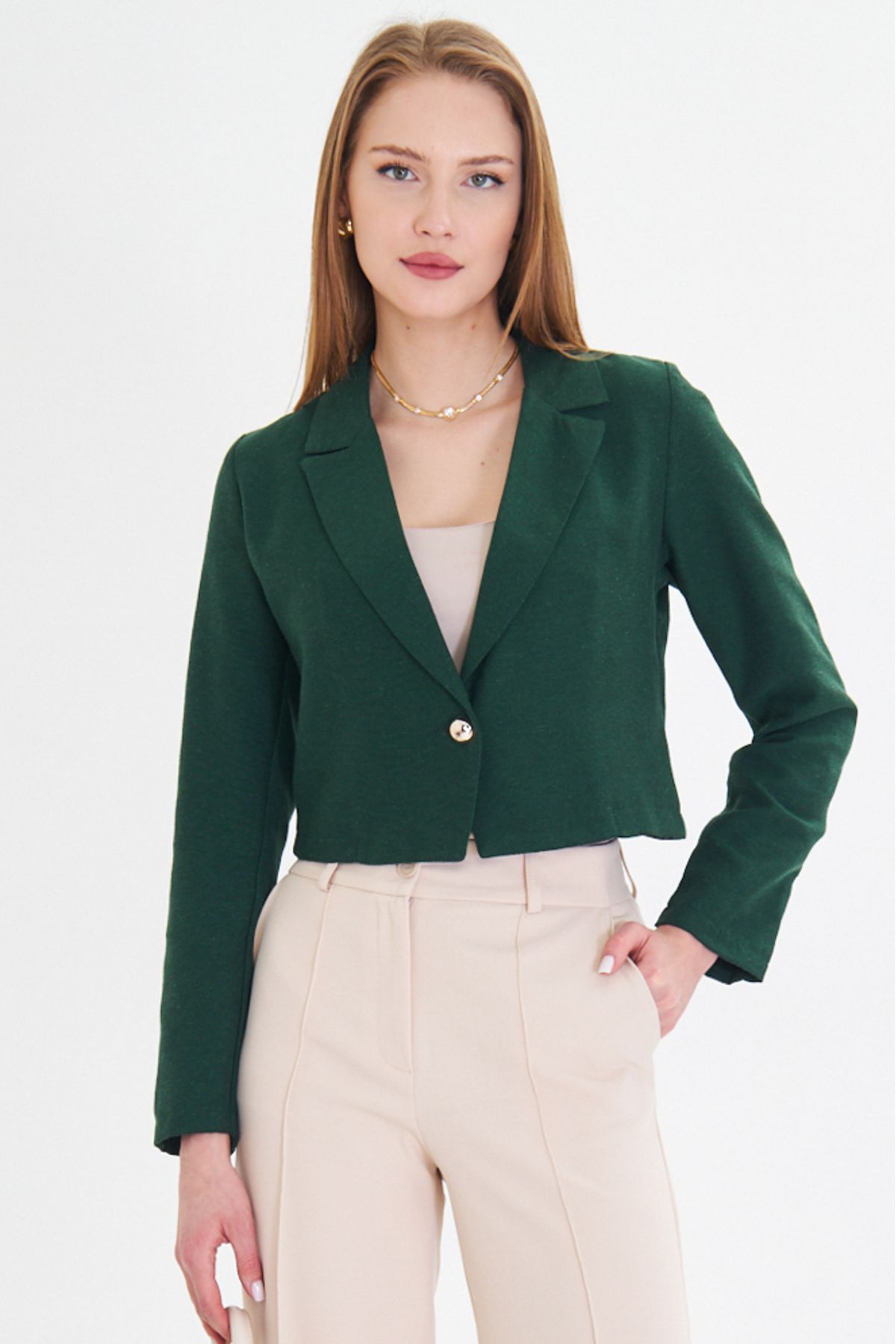 Female emerald single button crop jacket ARM-23Y001064