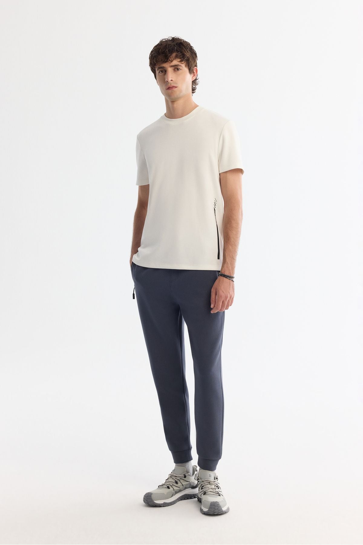 Erkek Ekru Bisiklet Yaka Baskılı Elastan T-shirt A42y1017