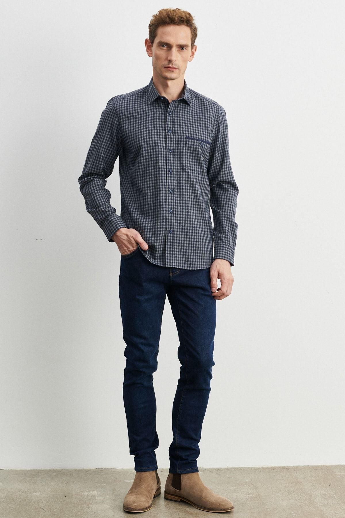 Men's Navy-Gri Slim Fit button with collar pötikareli flannel wood shirt