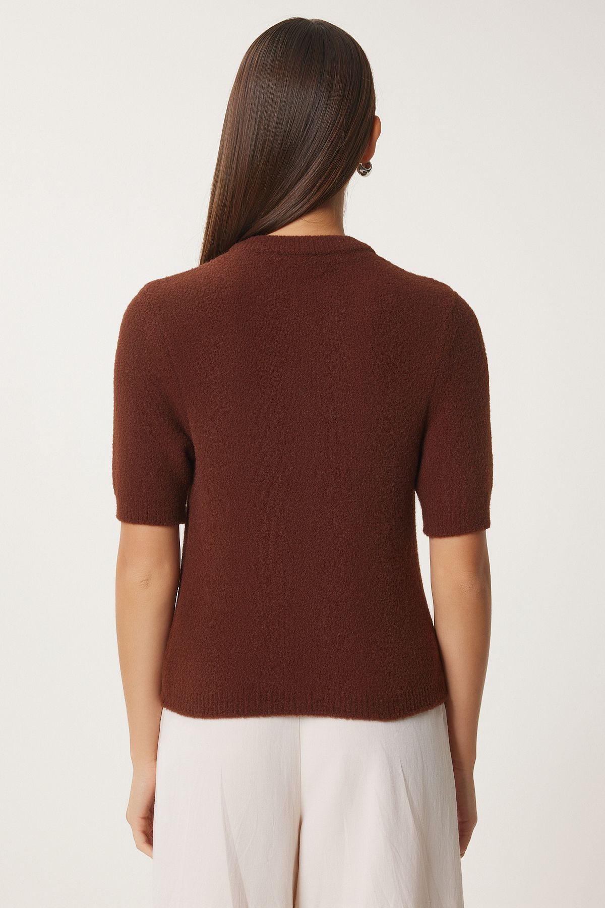 Women's Brown Stylish Bow Button Triko Cardigo with Beard Button DP00219
