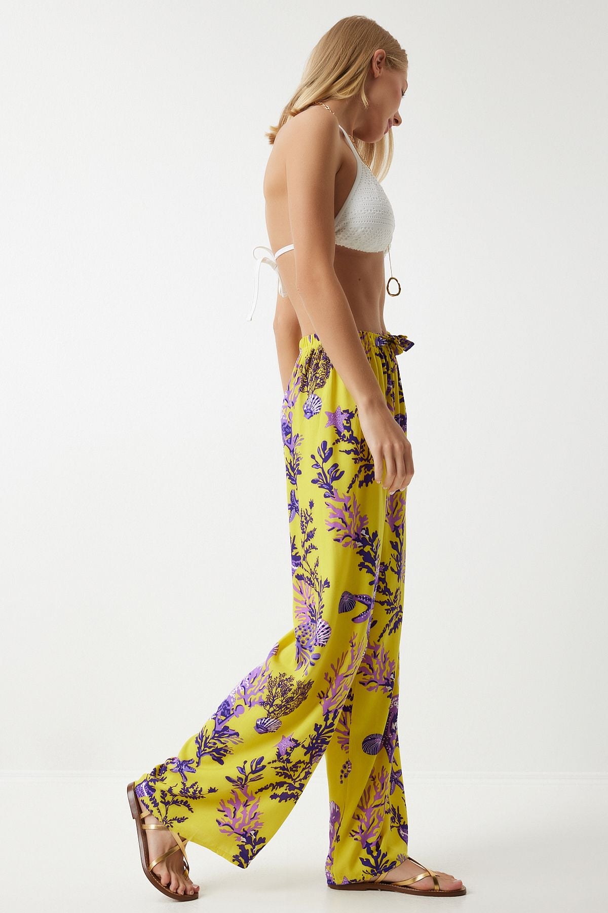 Woman Yellow Purple Patterned Viscose Palazzo Pants EN00606
