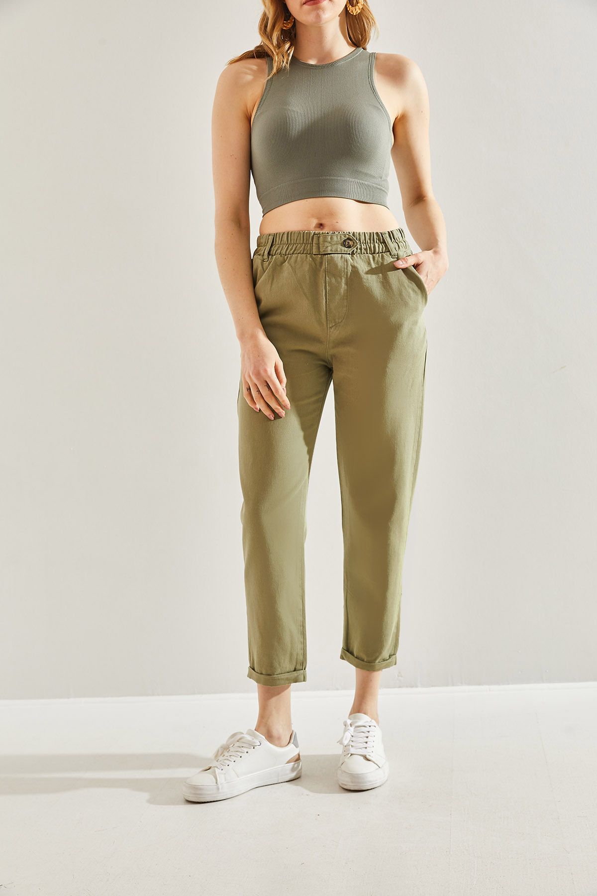 Women's waist rubber piece detailed gabardin pants 60221014
