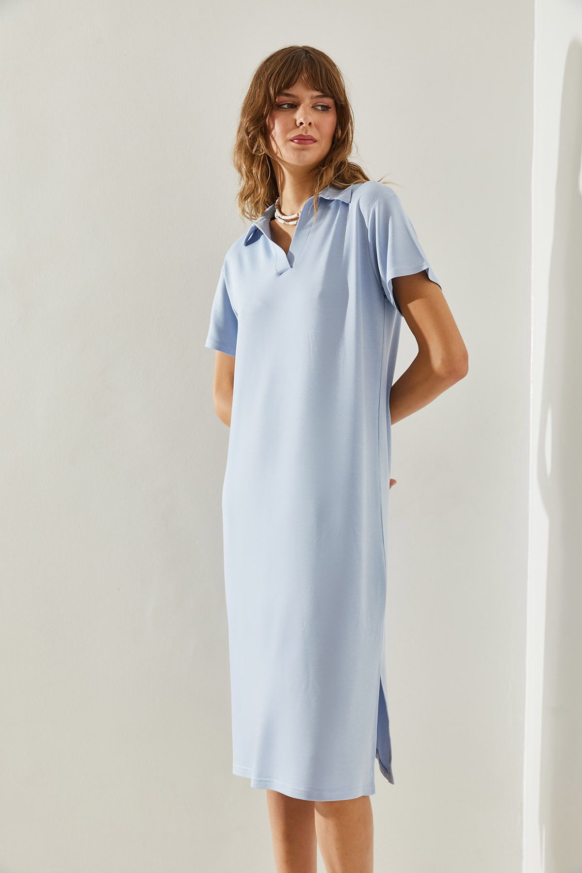Women's Short Sleeve Neck Detail Slit Basic 5621 Dress 60251367