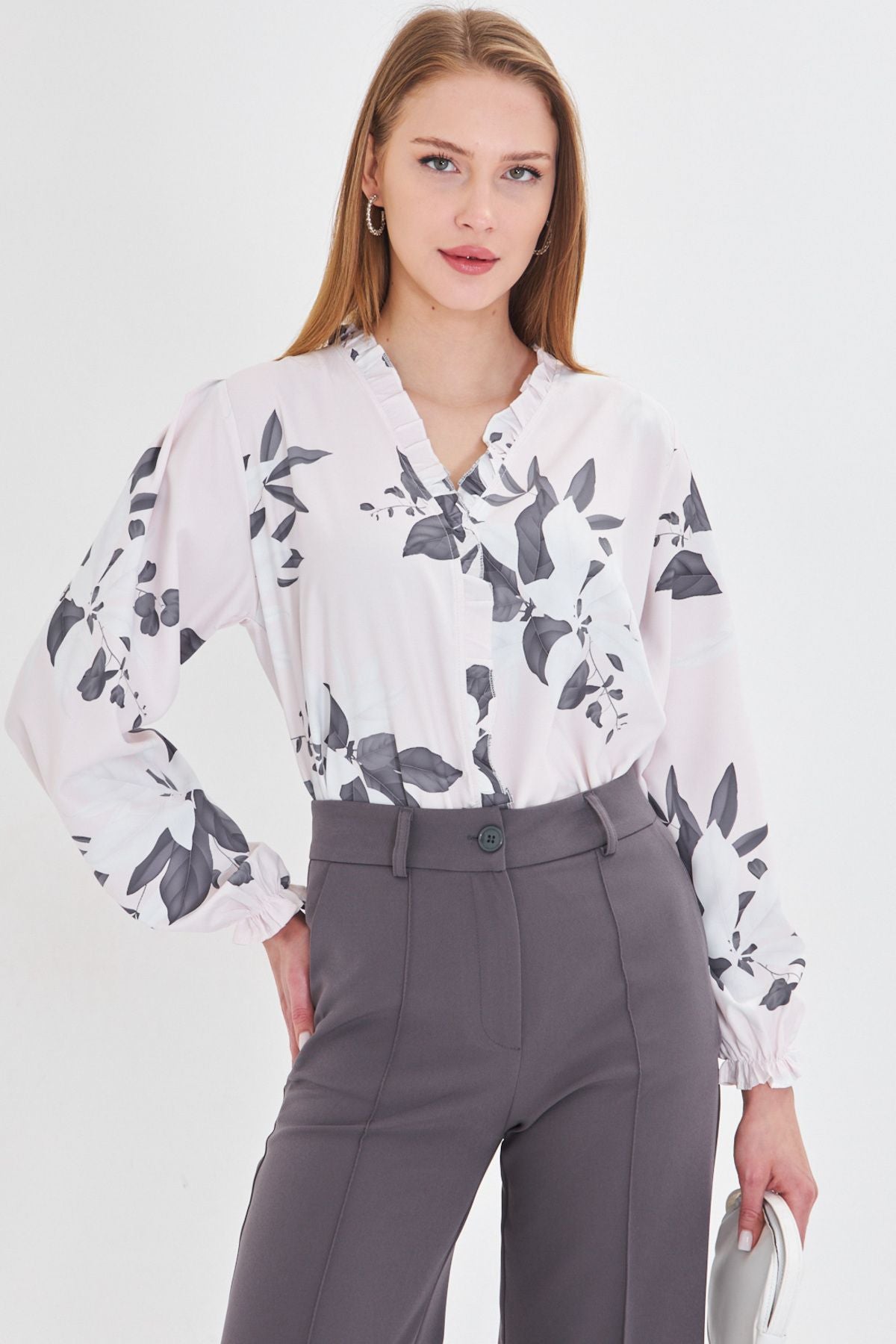 Female Gray Side and Ruffle Arms with Rubbins Long Sleeve Blouse ARM-25Y001015