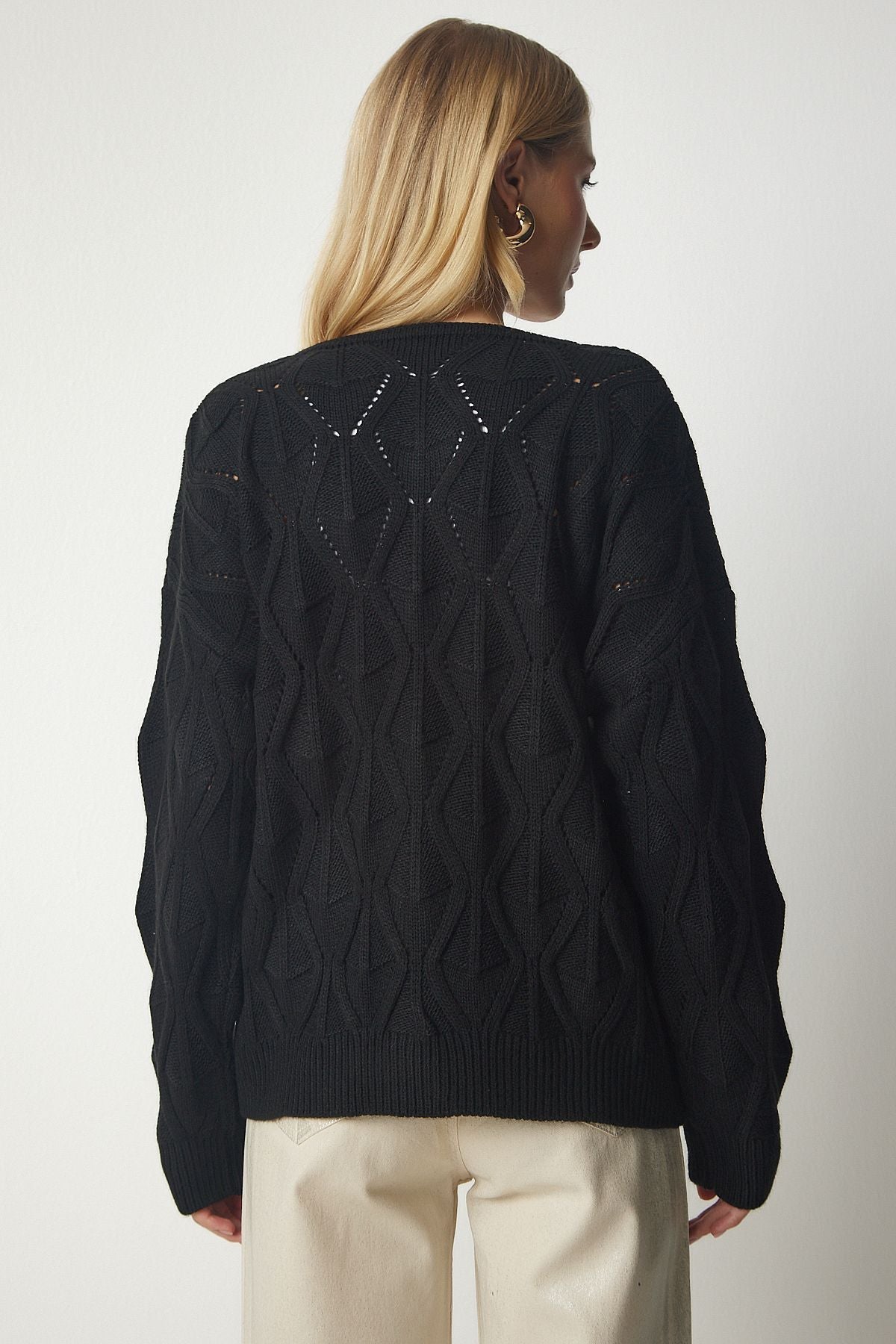 Women's Black Knitting Motif Offer Triko Cardigan PF00014