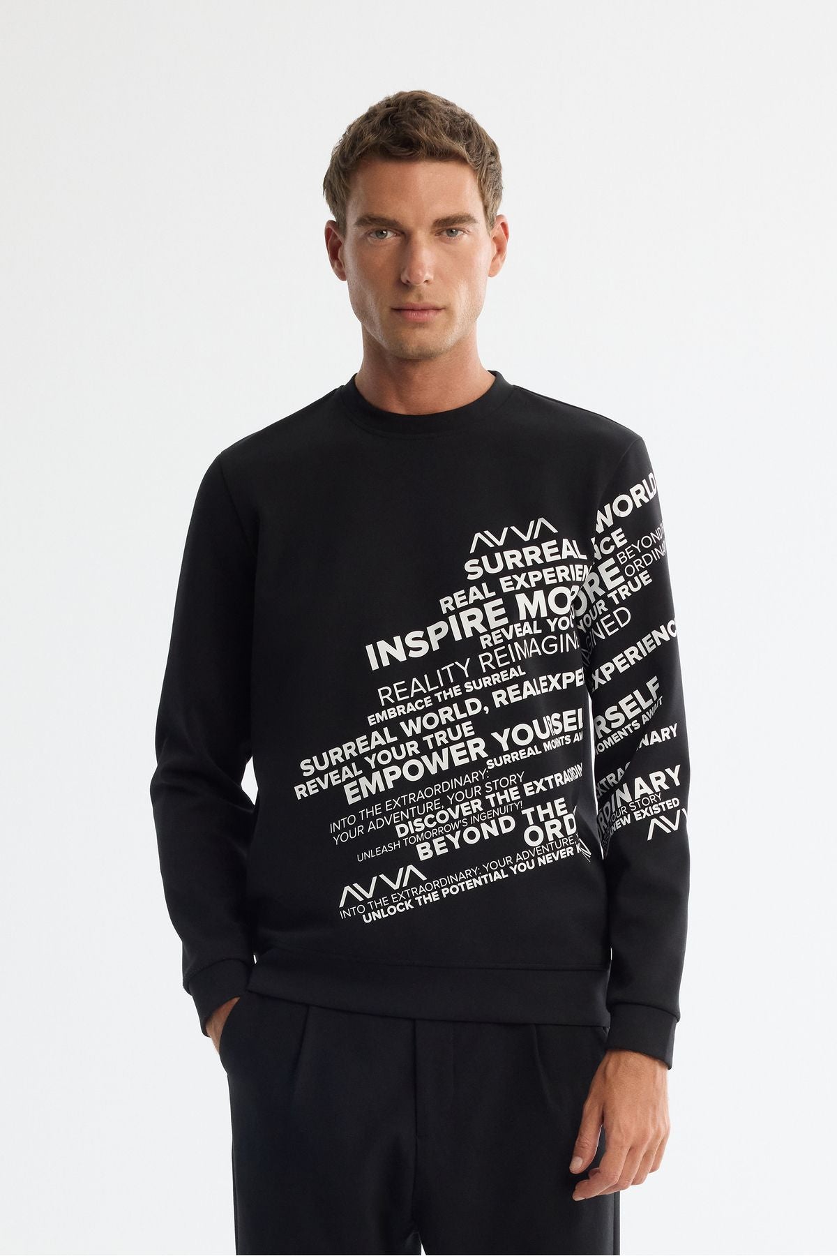 Erkek Siyah Bisiklet Yaka Baskılı Elastan Sweatshirt A42y1285