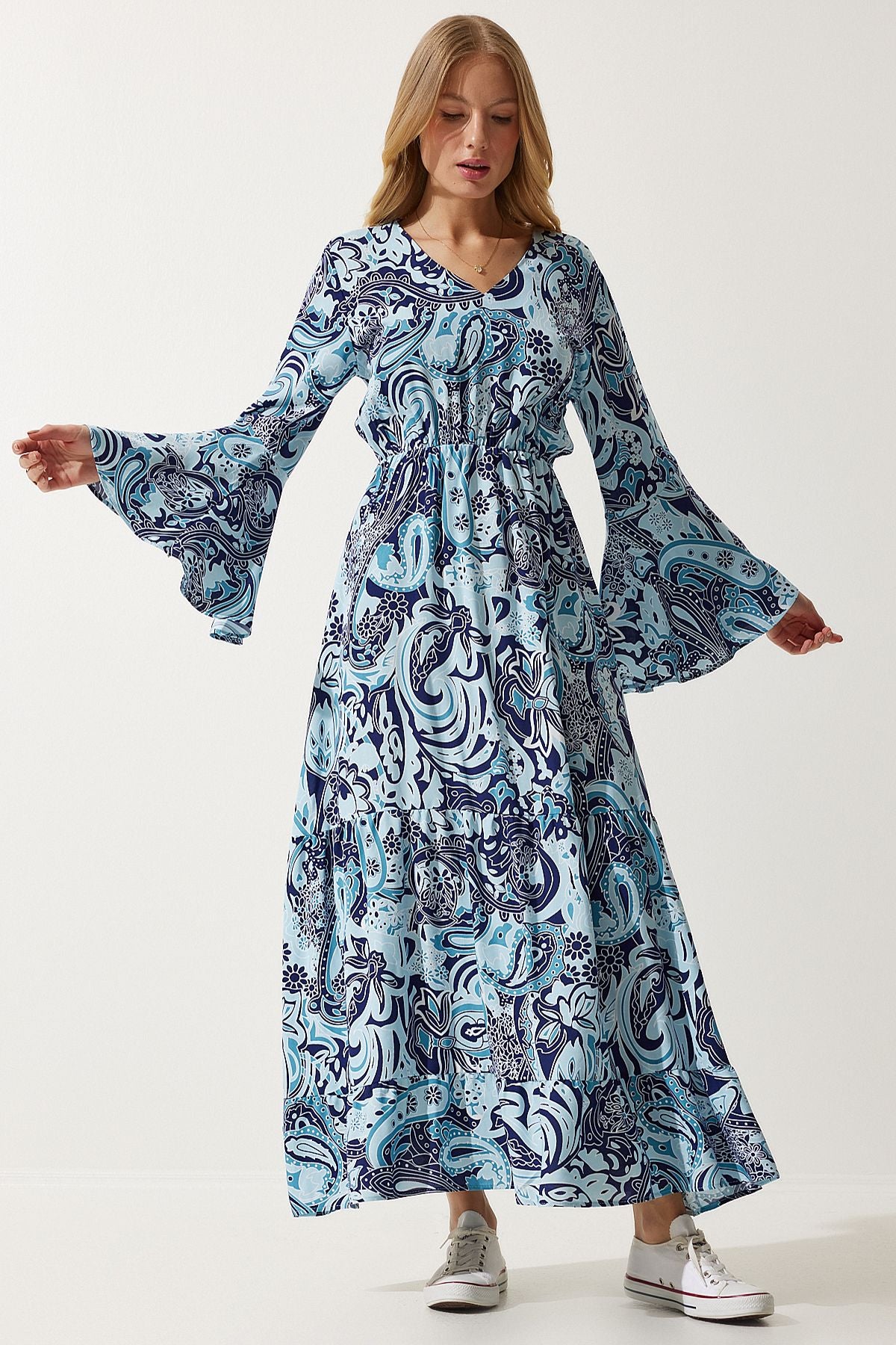 Women's Sky Blue Patterned Summer Visose Dress DD01303