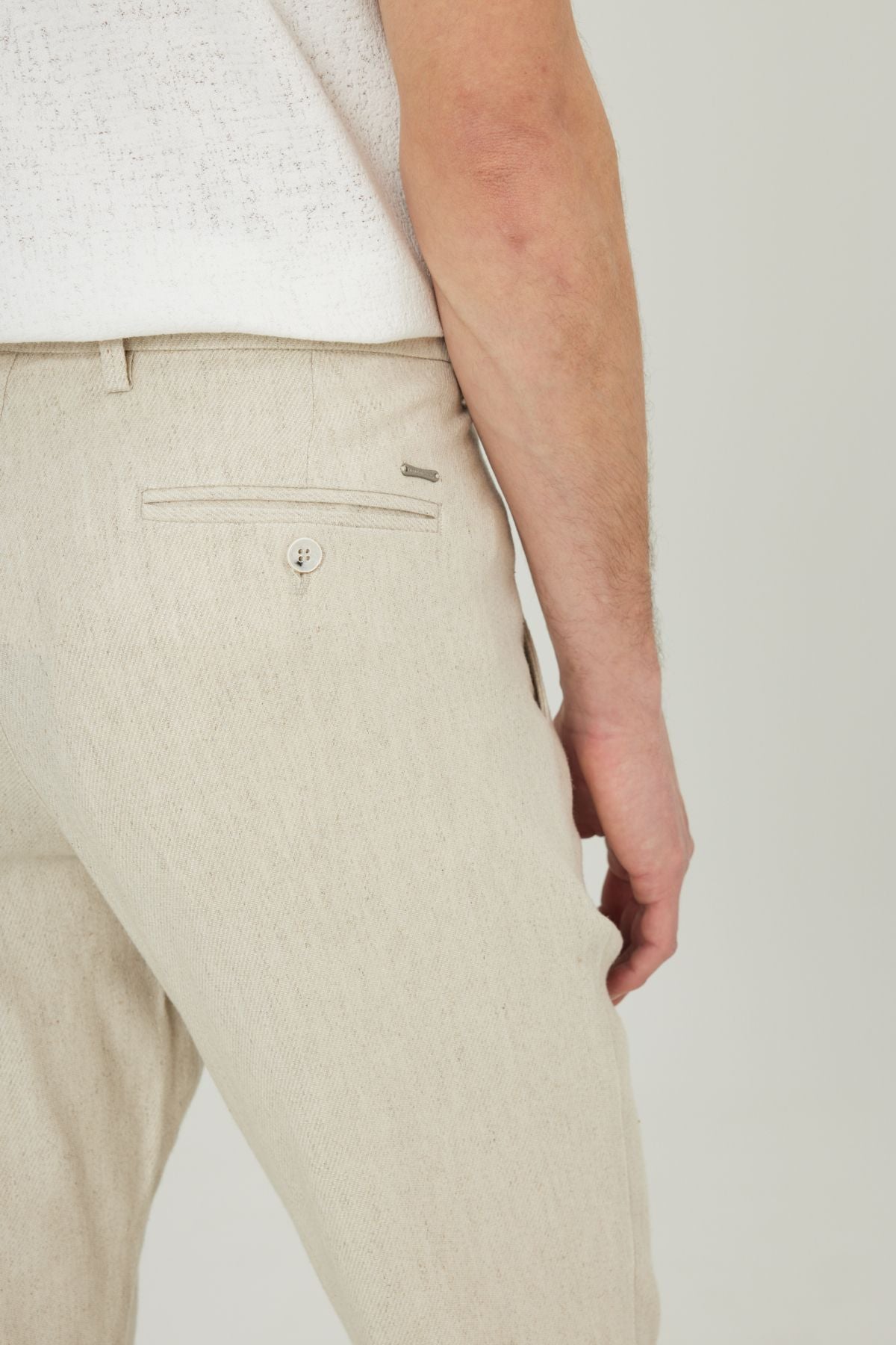 Men's Beige Slim Fit Narrow Cut Diagonal Patterned Casual Pants with Side Pockets
