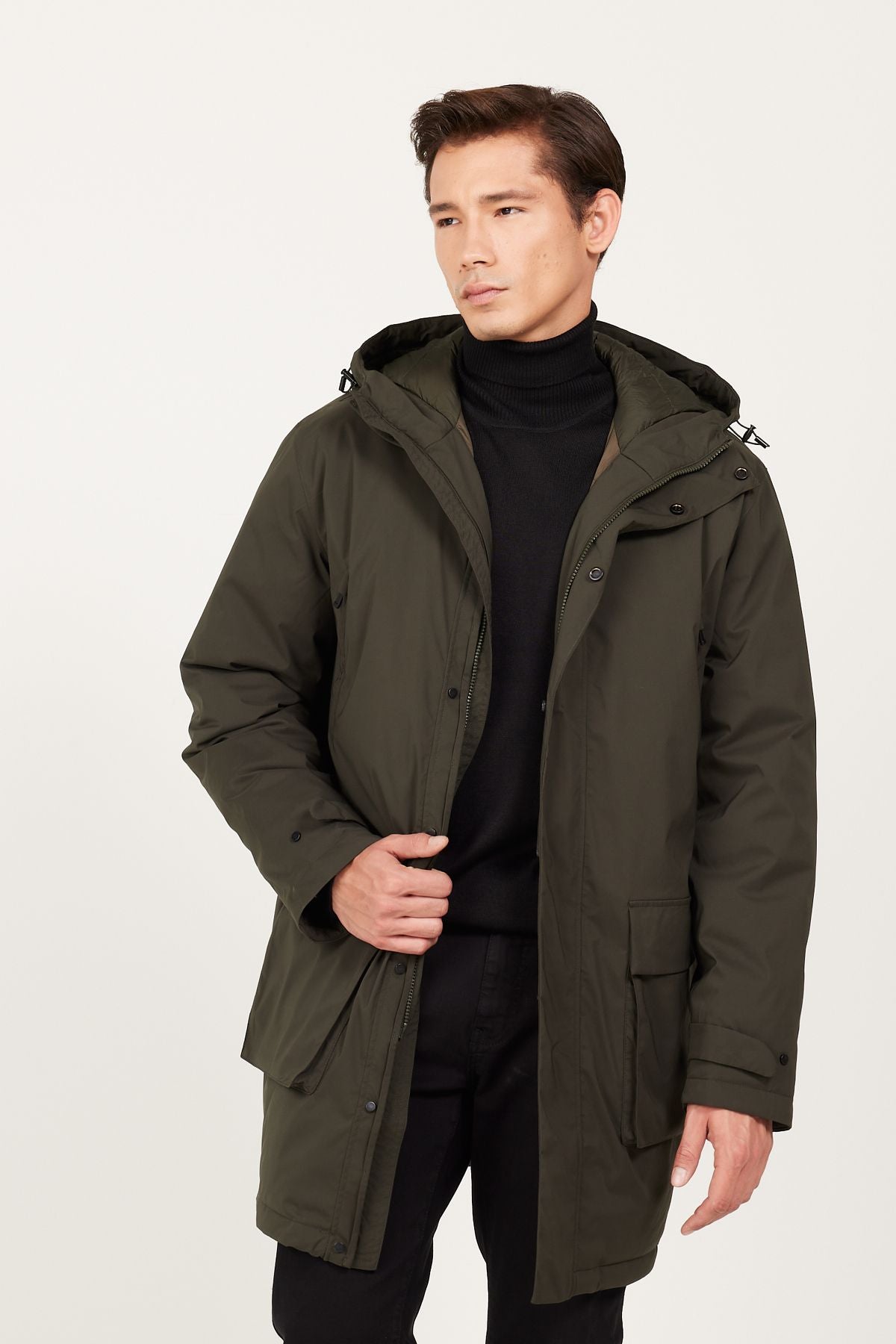 Male Khaki Standard Fit Normal Cut Hooded Coat