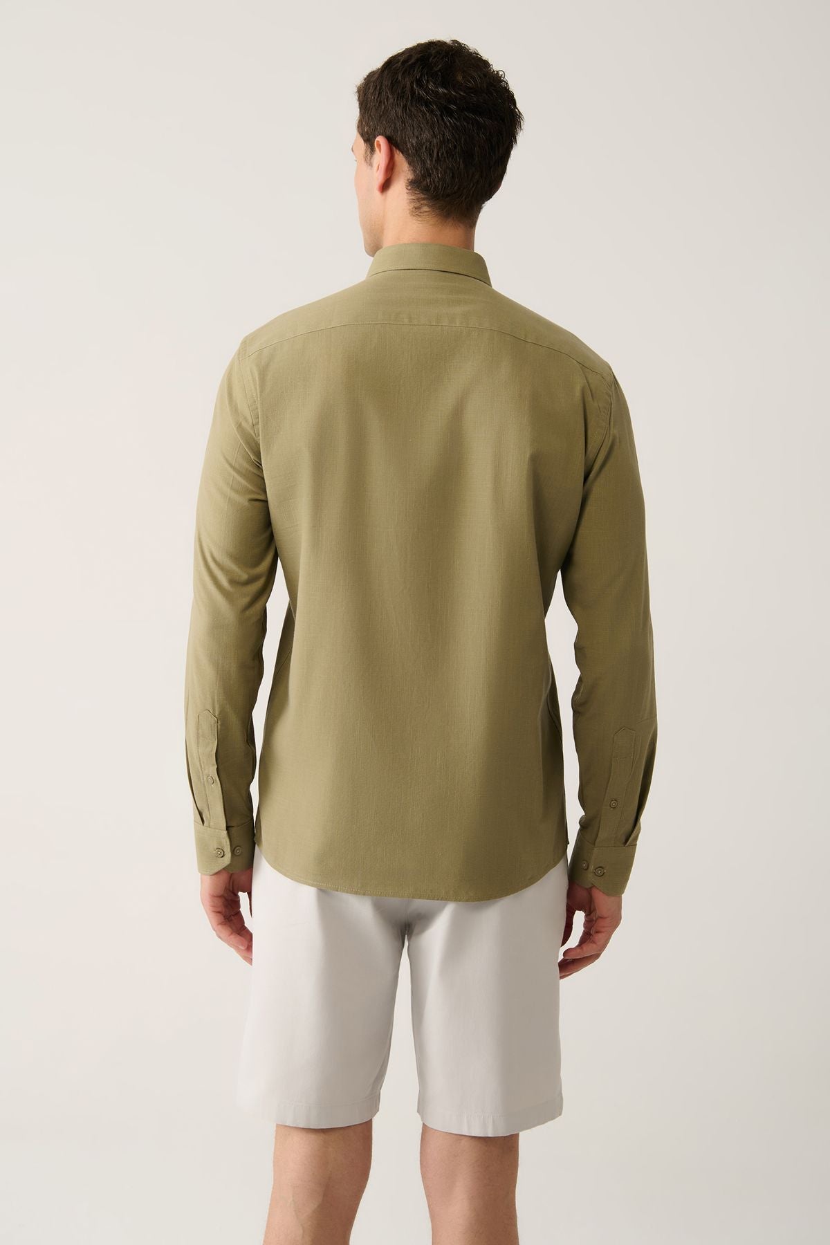 Male Khaki Buttoned Neck 100 %Cotton Linen textured shirt E002141