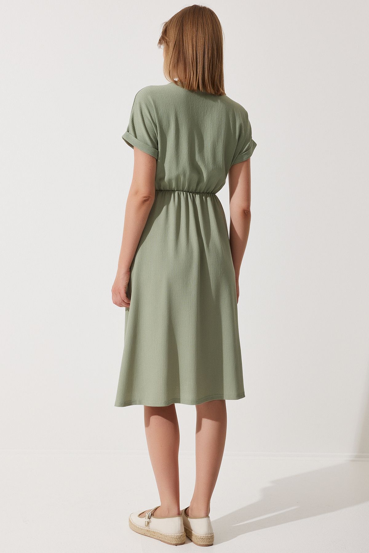 Women's Cagla Green V -Yaka Silled Summer Daily Knitting Dress DD01319