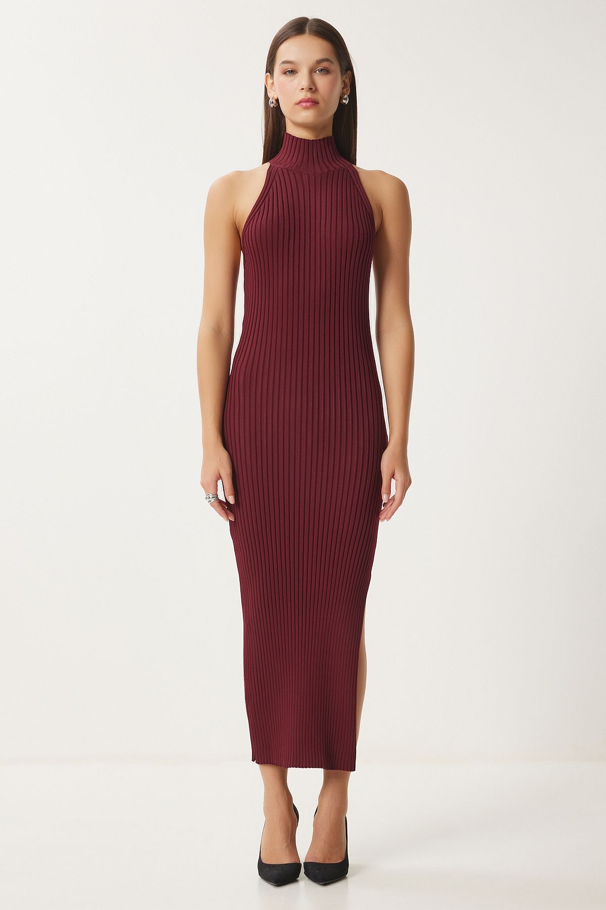 Woman Burgundy Shoulders Open Wrapped Red Triko Dress FN03424