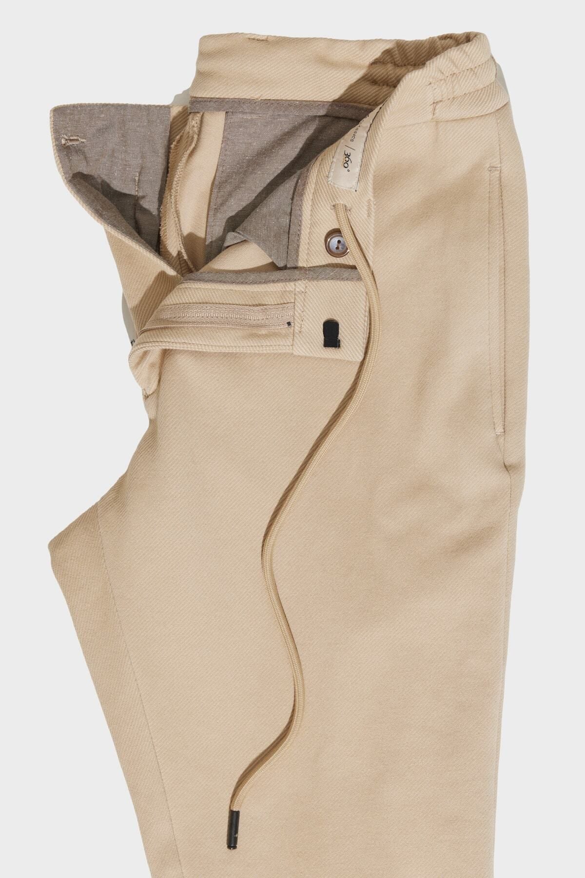 Men's Beige Slim fit narrow cut diagonal patterned flexible waist tied jogger pants