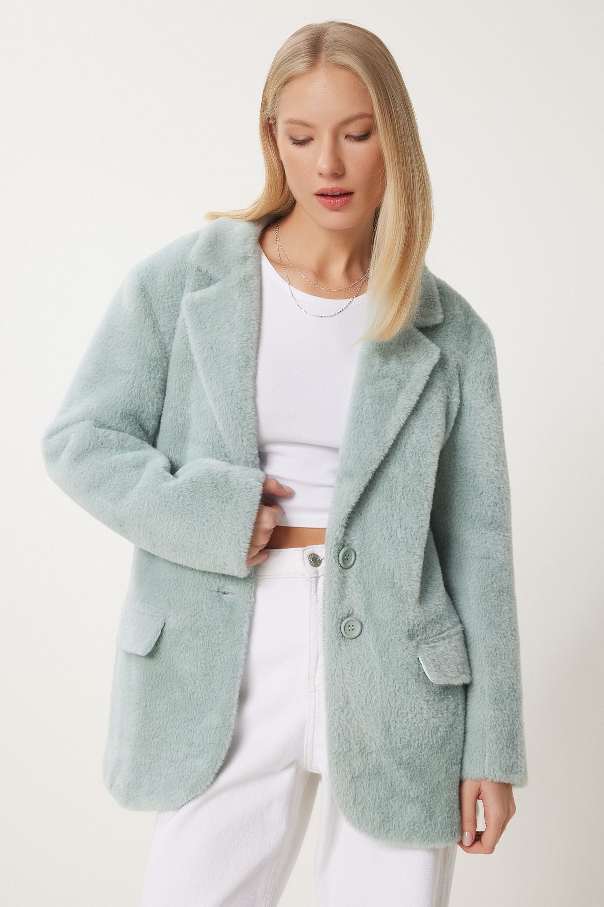 Women's Cagla Green Cruve Collar Long Artificial Fur Jacket FN03434