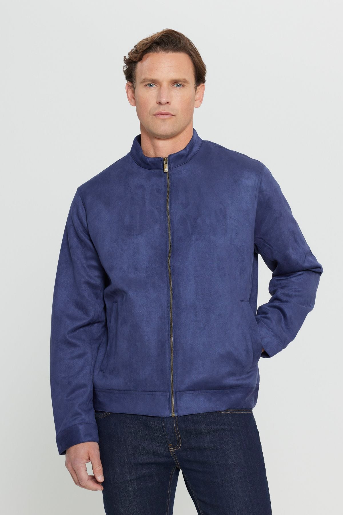 Men's navy blue standard fit normal cut upright collar suede jacket coat