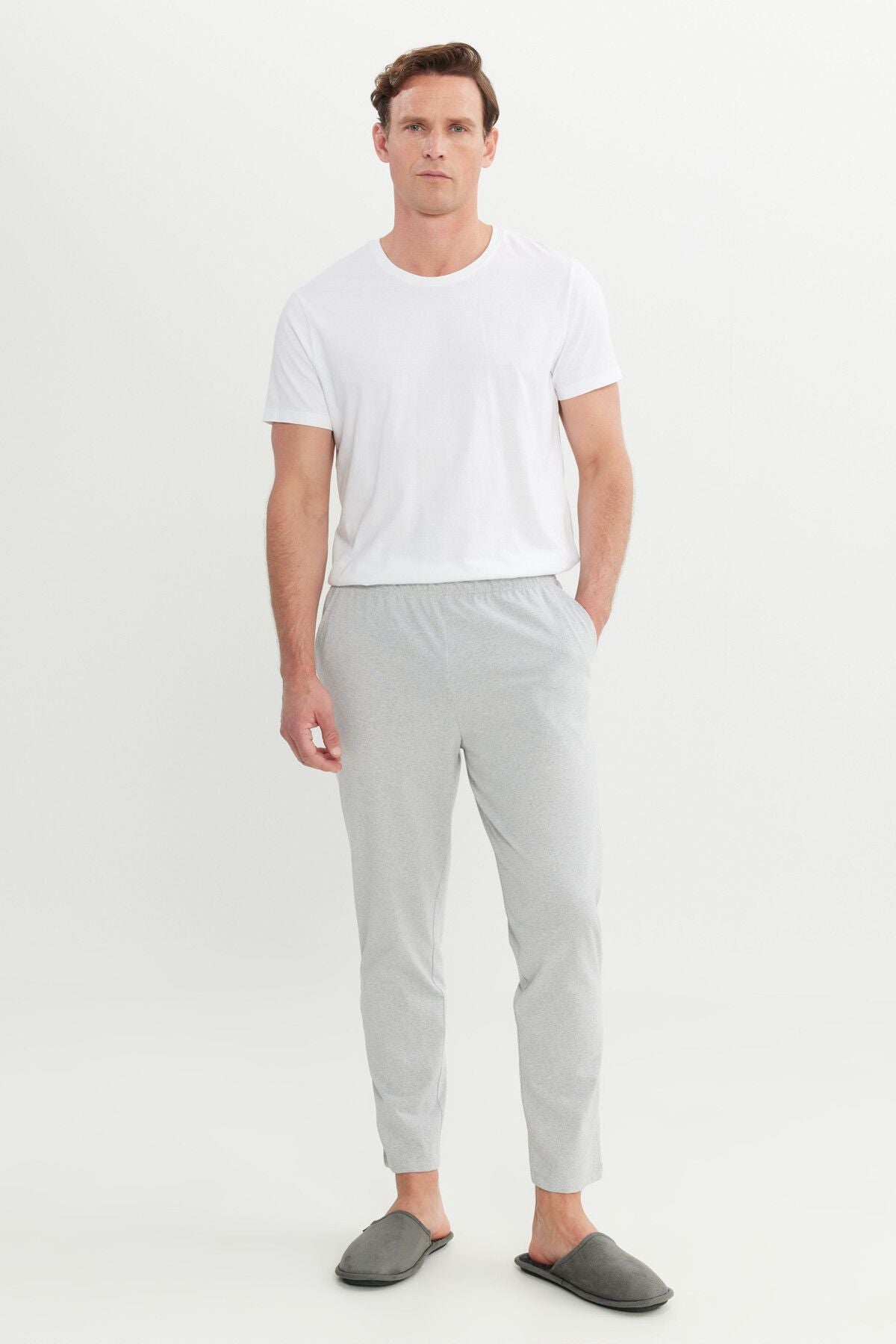 Men's gray melange cotton standard fit fit normal cut waist pajamas with rubber pocket