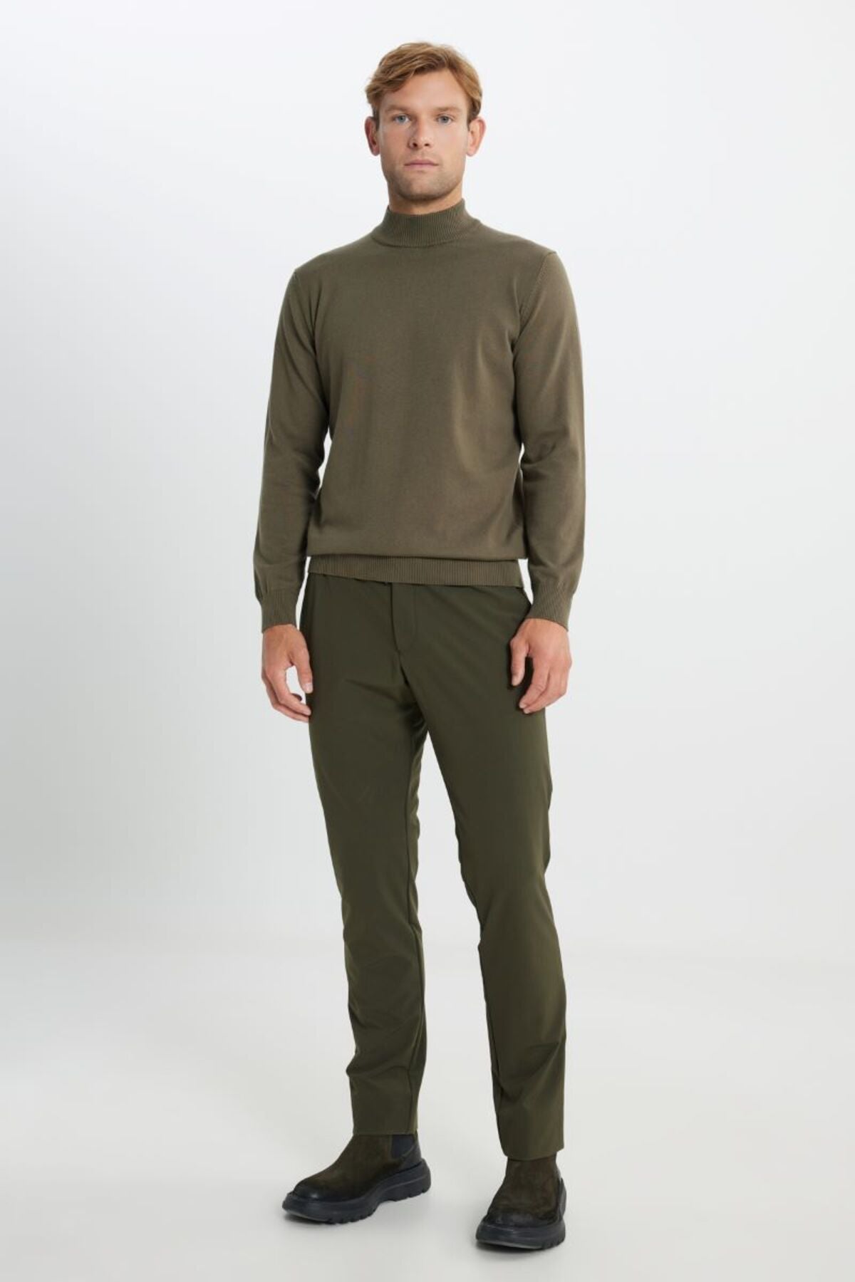 Cotton Standard Fit Normal Cut Half Fisherman Yaka Knitwear Khaki Sweater