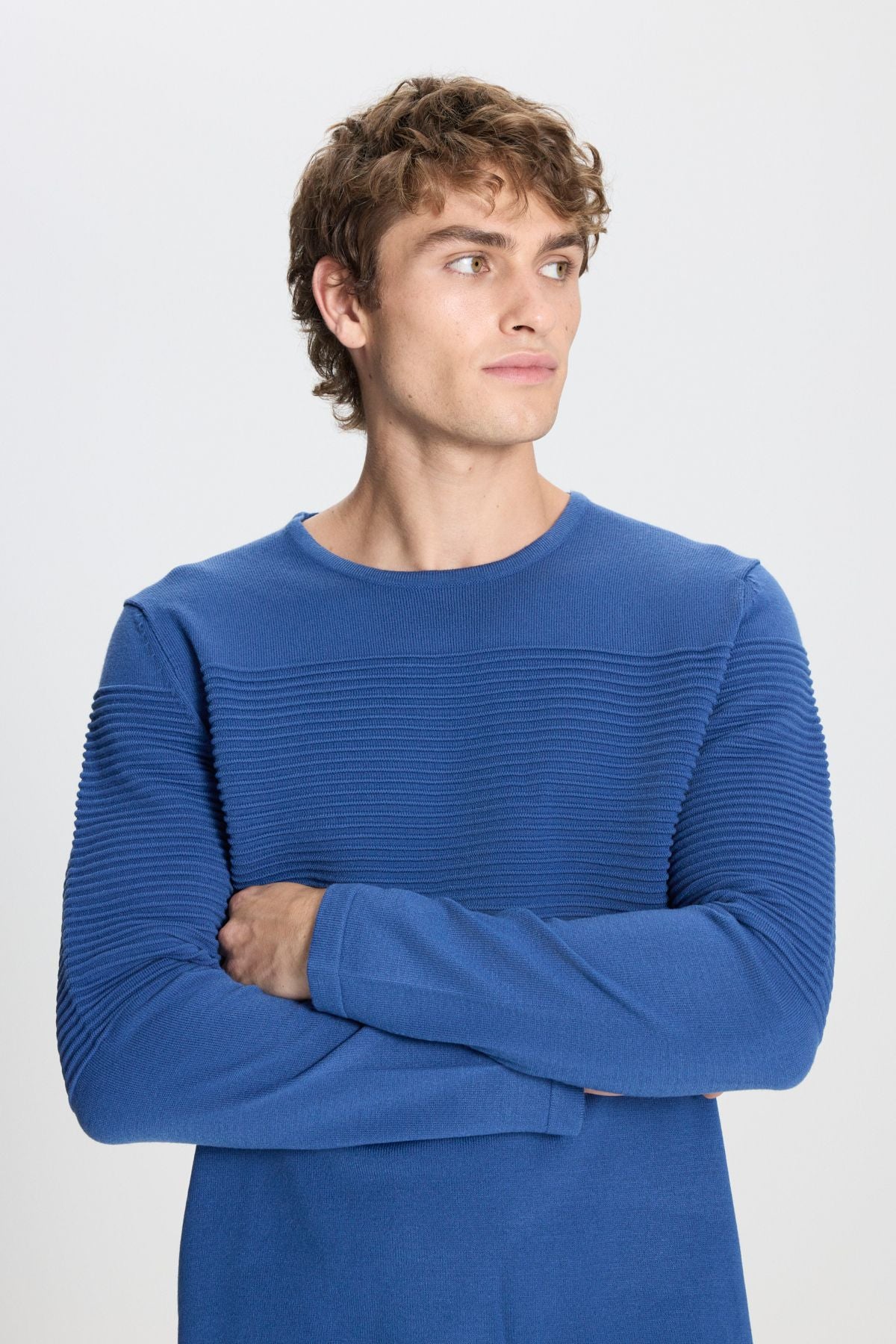 Men's Indigo Anti-Pilling featured Standard Fit Bicycle Collar textured knitwear sweater