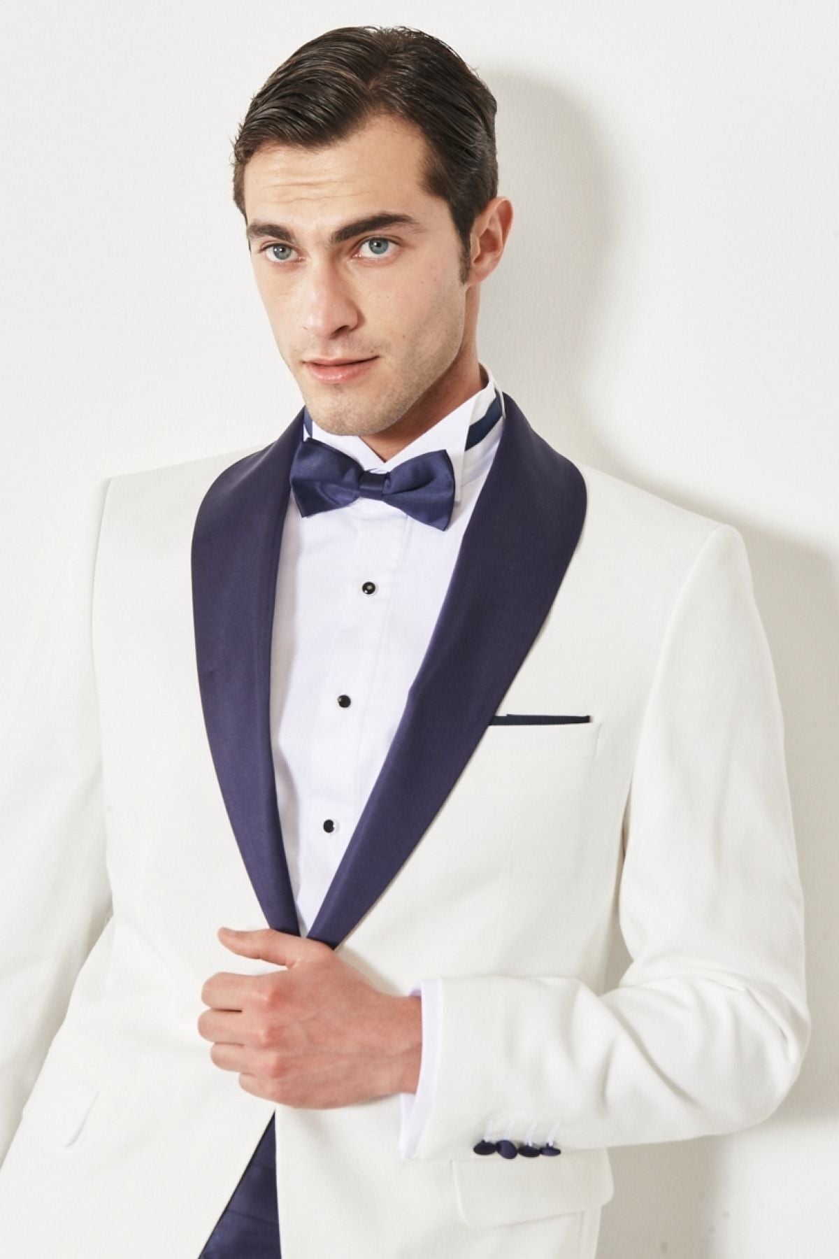 Men's white-lacivert slim fit narrow cutting mono collar pattern classic tuxedo set