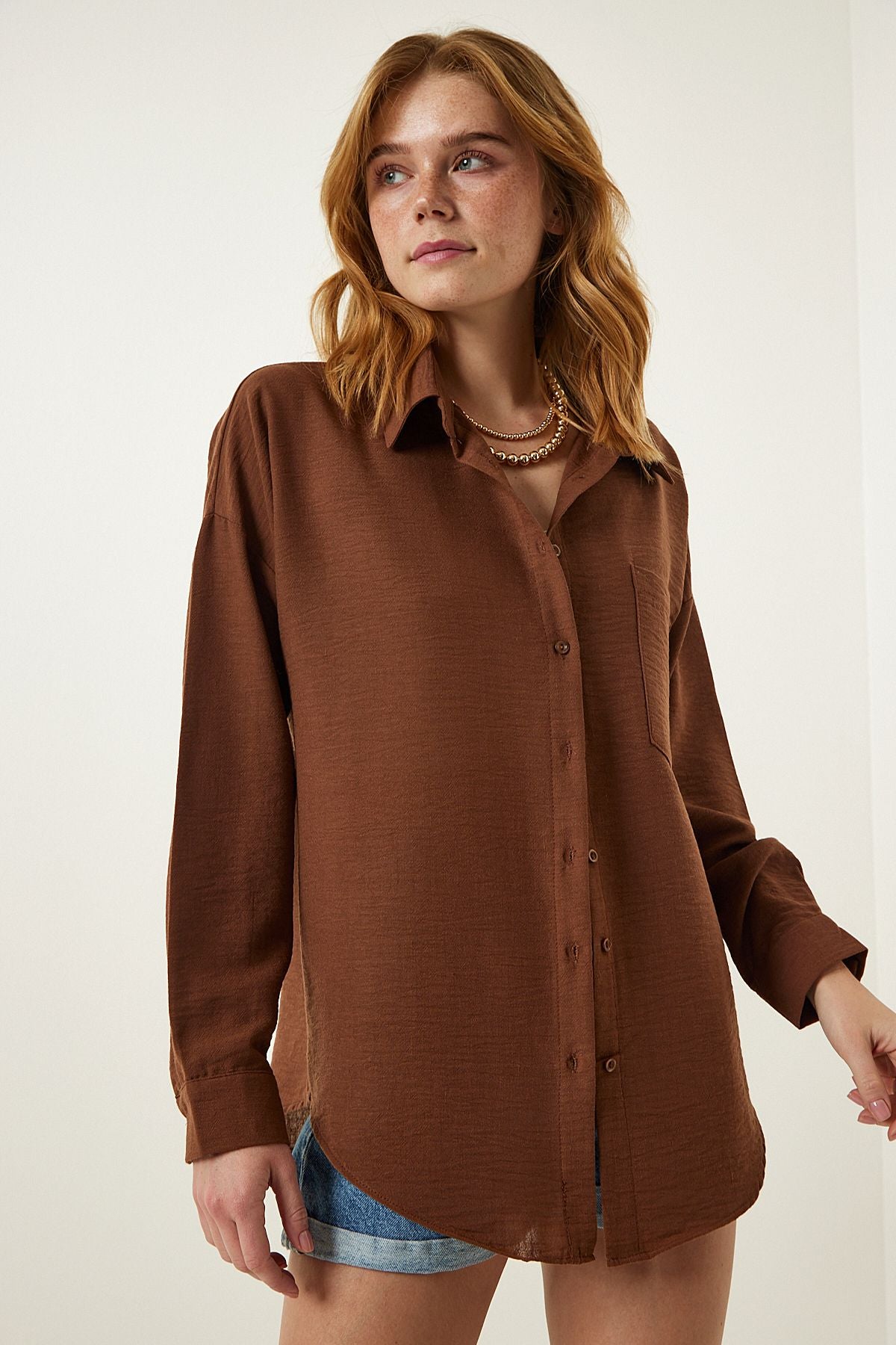 Woman Brown Oversizle Linen Ayrrin Shirt DD01222