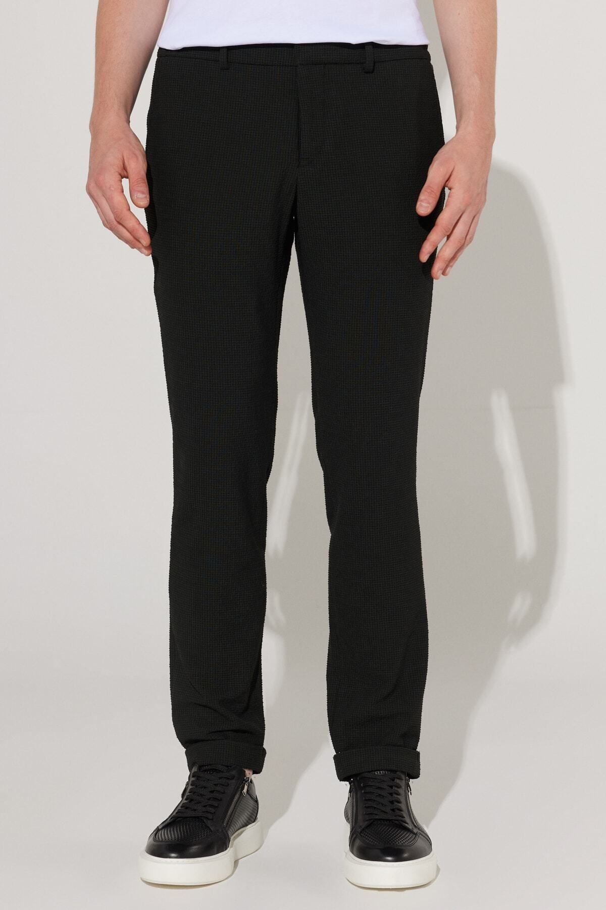Men's black slim fit narrow -cut waffle patterned flexible waist tied trousers