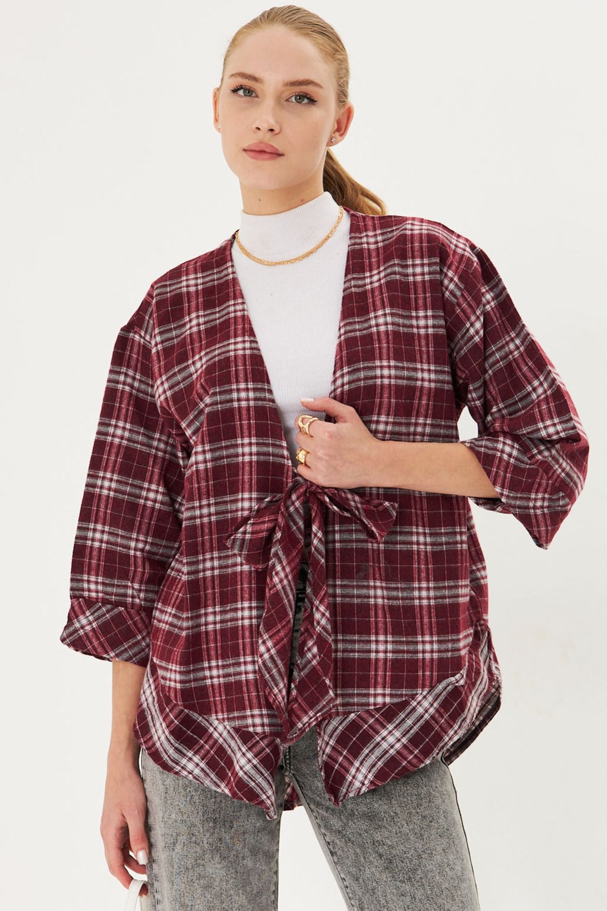 Woman White-Bordo front connecting plaid kimono shirt ARM-25K001017