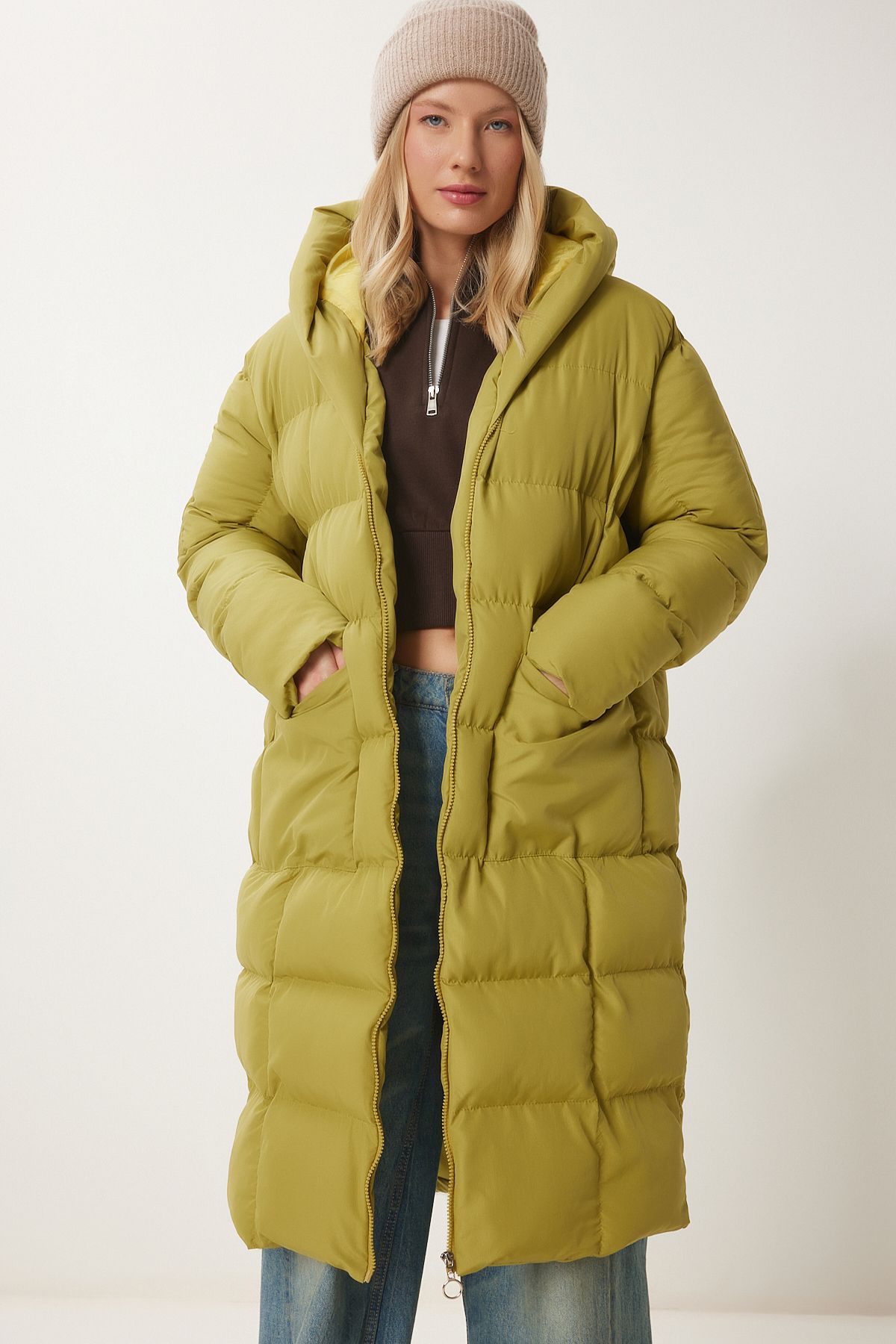 Female fat green hooded overlooking long swelling coat NT00428