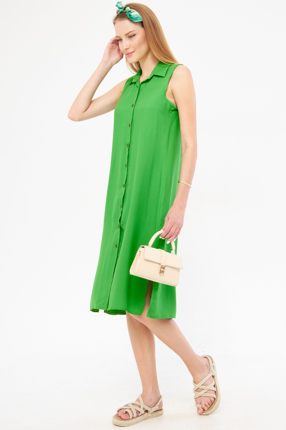 Female Green Collar buttoned dress ARM-17Y00028