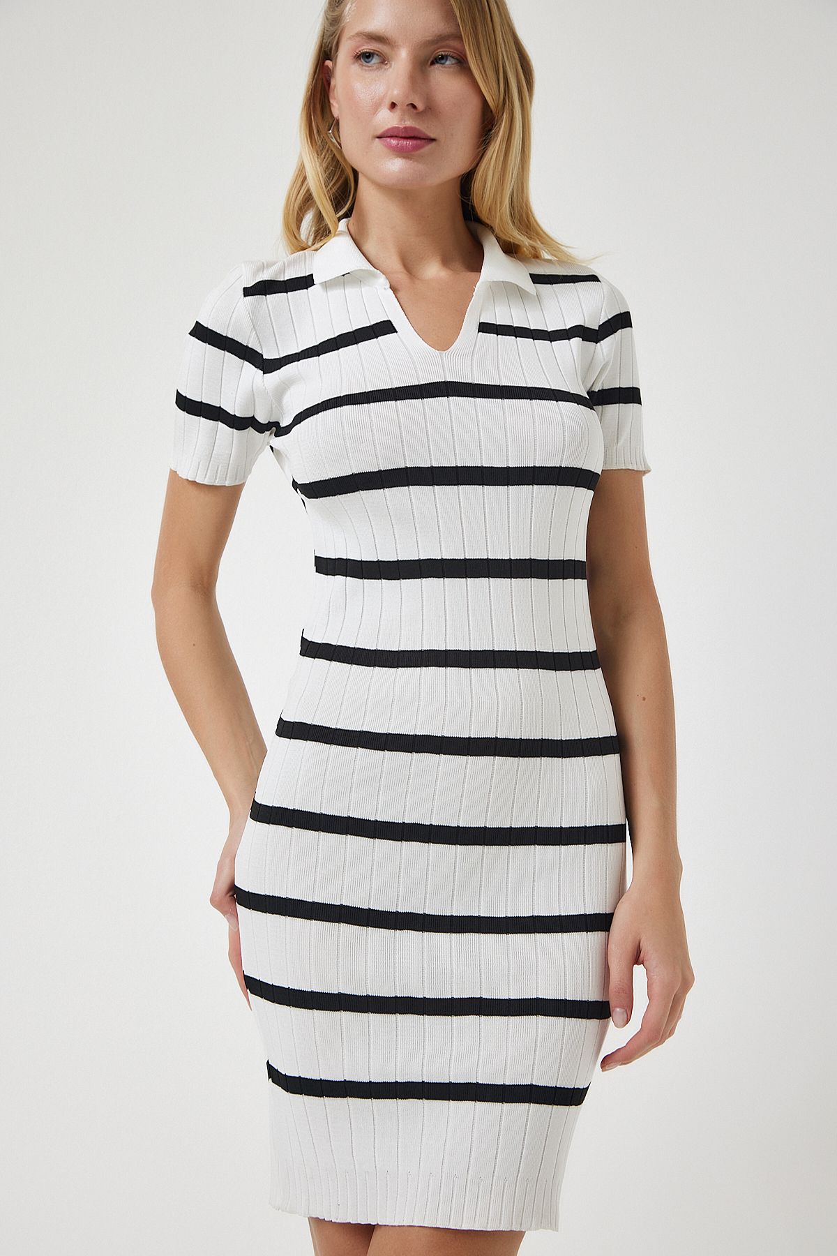 Woman White Polo Yaka Suman Triko Dress Ow00029