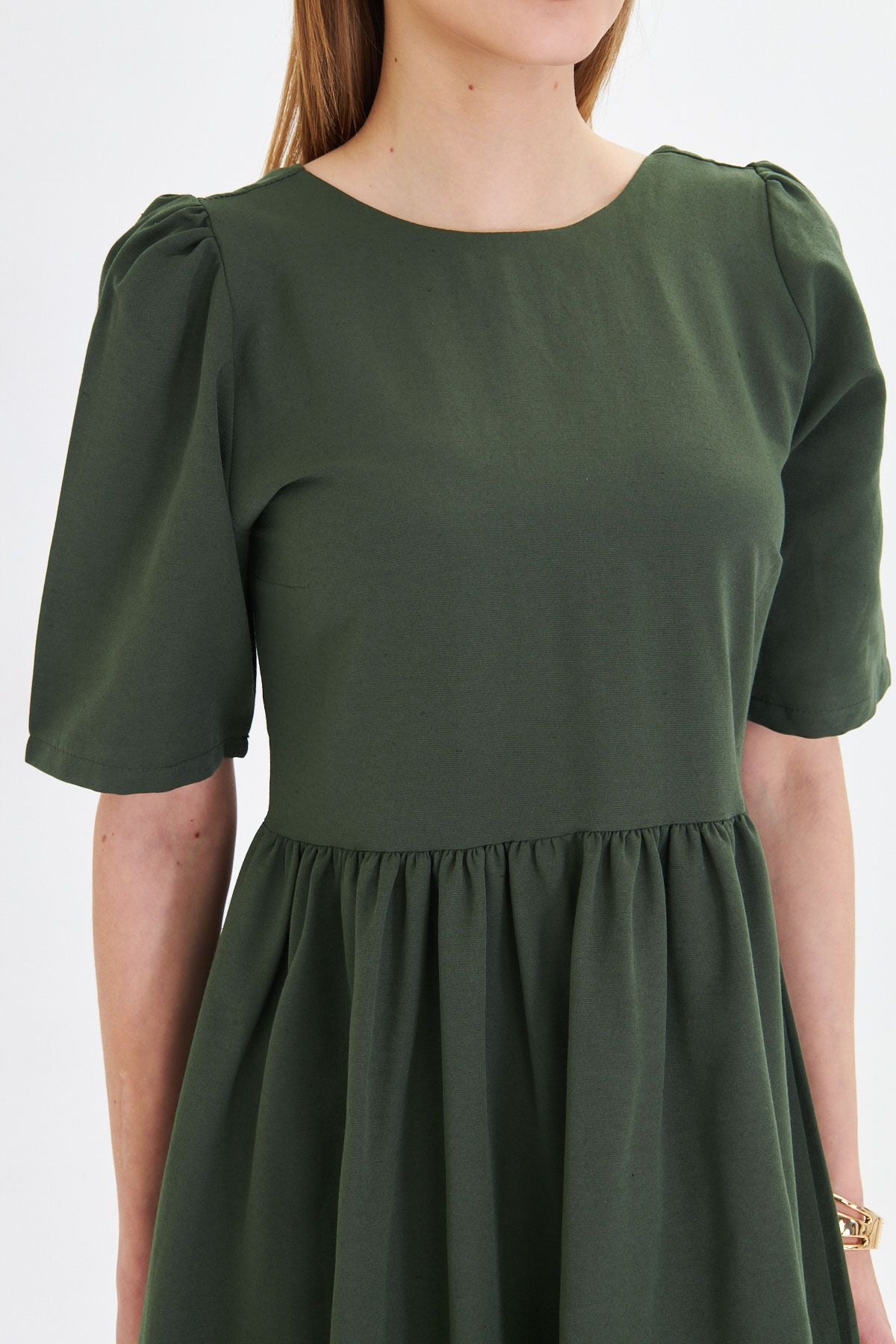 Female Khaki Zero Back Back Zipper Watermelon Arm Waist Shirred Dress ARM-25Y001009