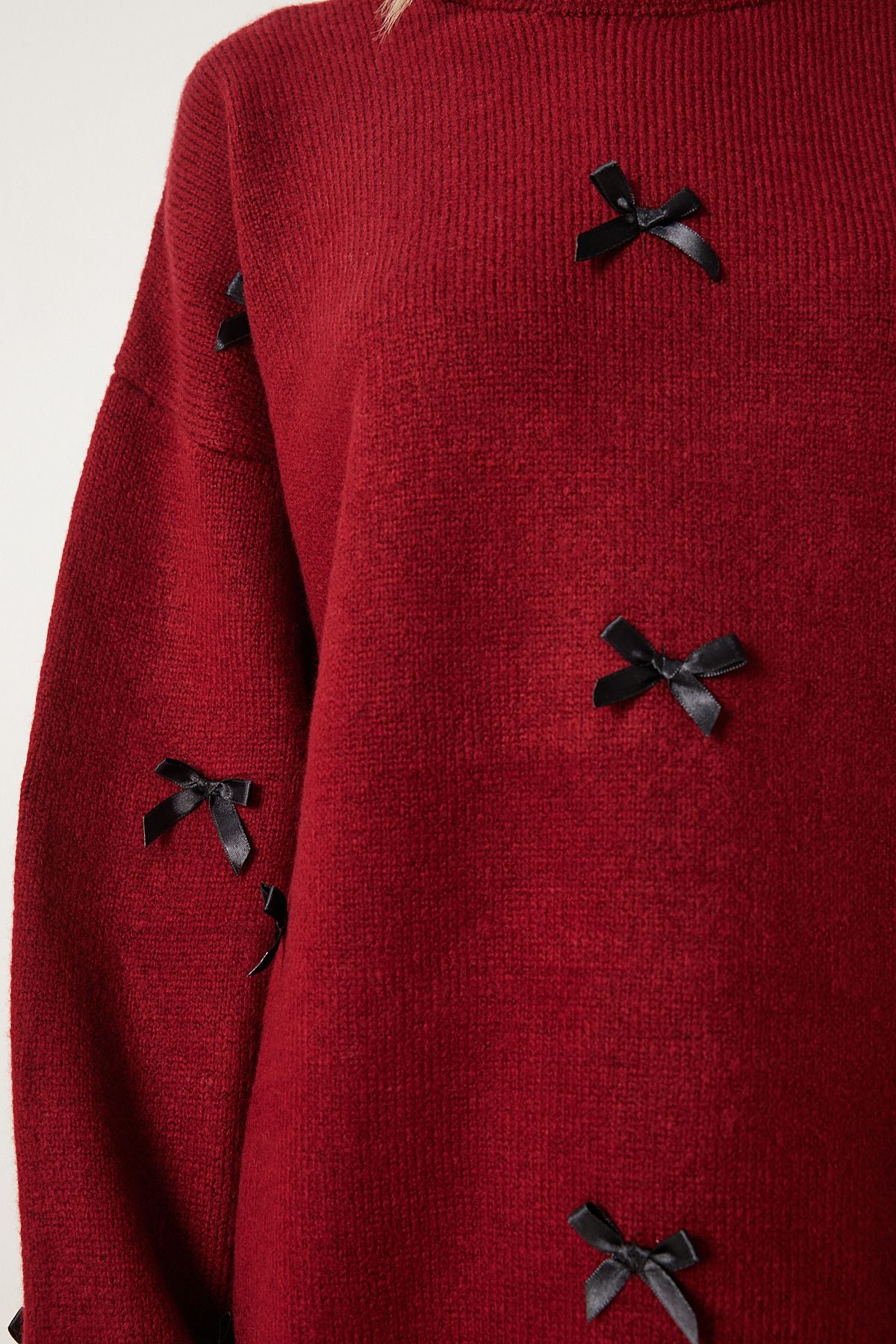 Kadın Bordo Fiyonklu Triko Kazak SV00013
