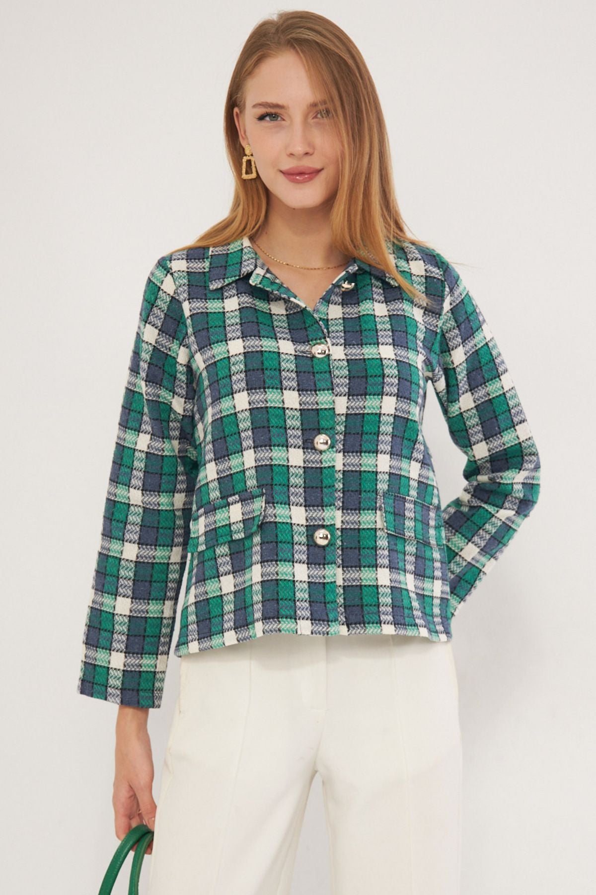 WOMEN'S GREEN PATTERNED POCKET COFE JACKET ARM-25K001038