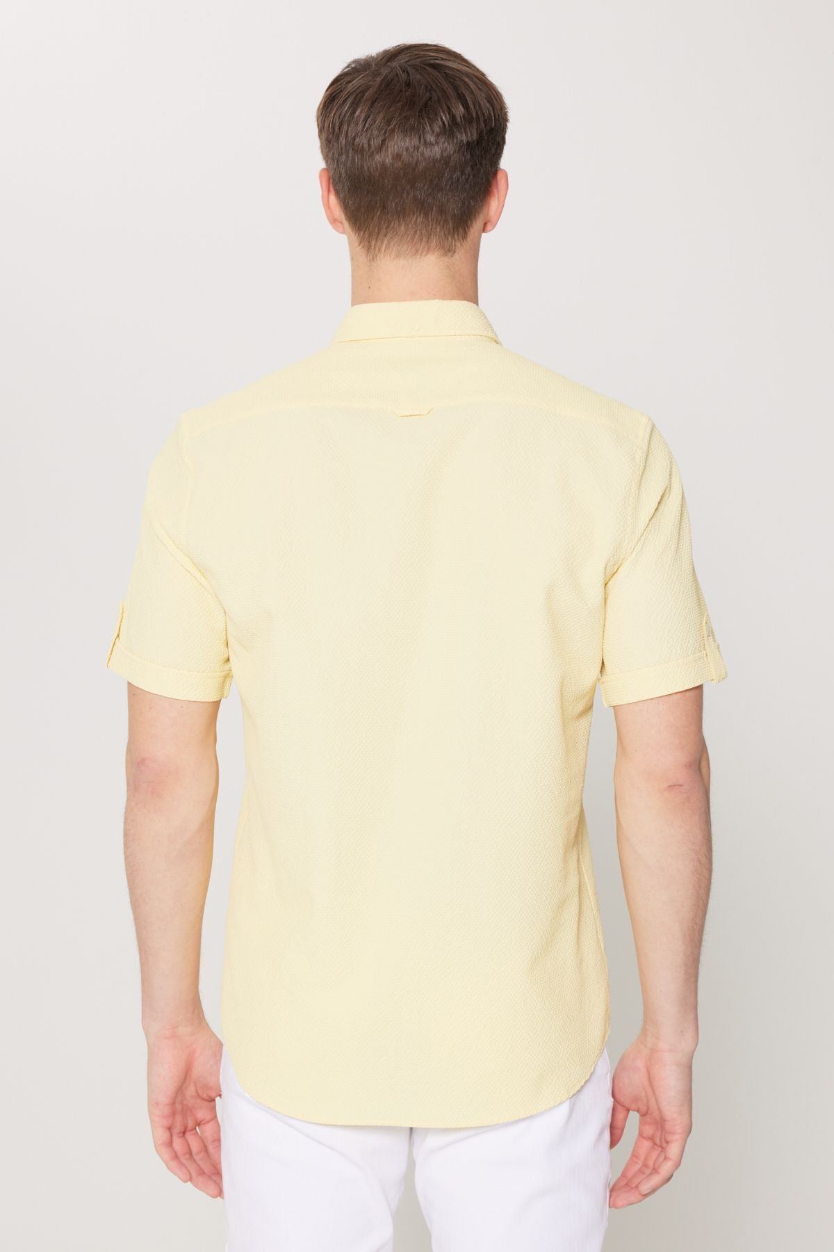 Men's yellow slim fit narrow cut hidden button collar short sleeve shirt