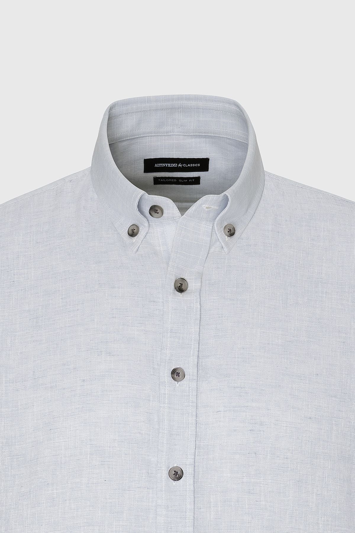 Men's Blue Slim Fit Narrow Cutting Buttoned Neck Linen Looking 100 %Cotton Flamm Summer Shirt