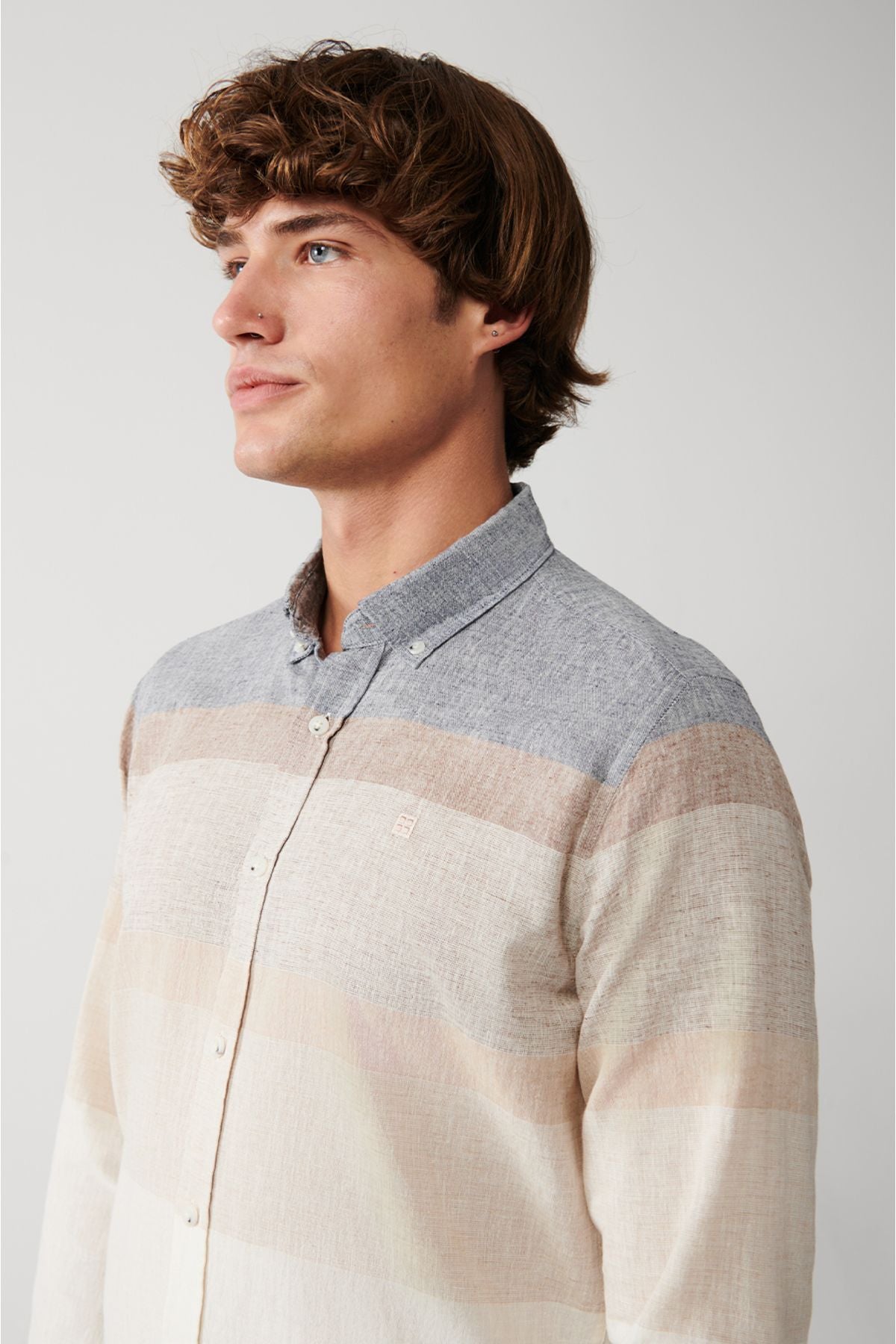 Men's gray cotton linen mixed striped shirt A31y2271