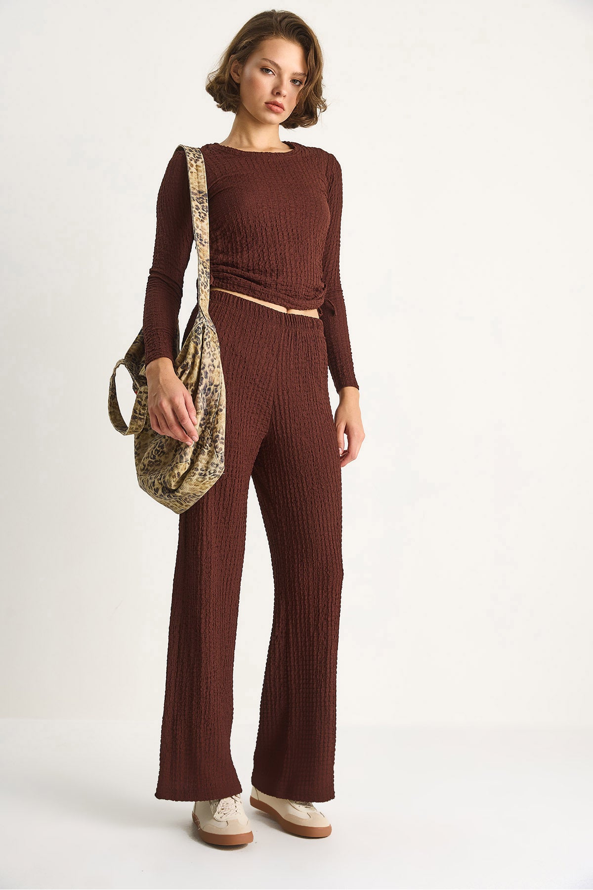 Women's Sweater Suit with Side Tie Crop Elastic Waist High Waist Trousers 8075 60284110