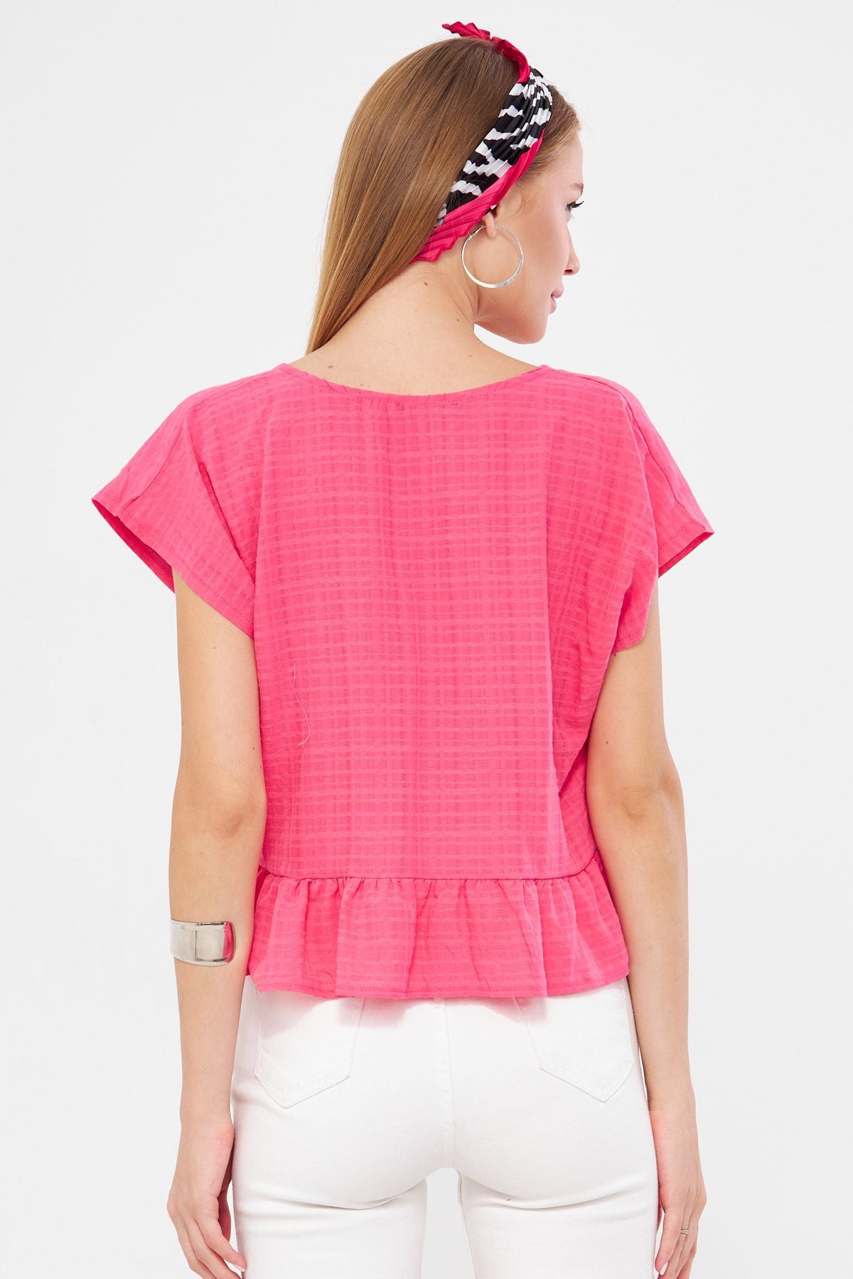 Women's Fuchsia Bat Arm collar connecting skirt with frilly overwheeling Crop blouse ARM-24Y001088