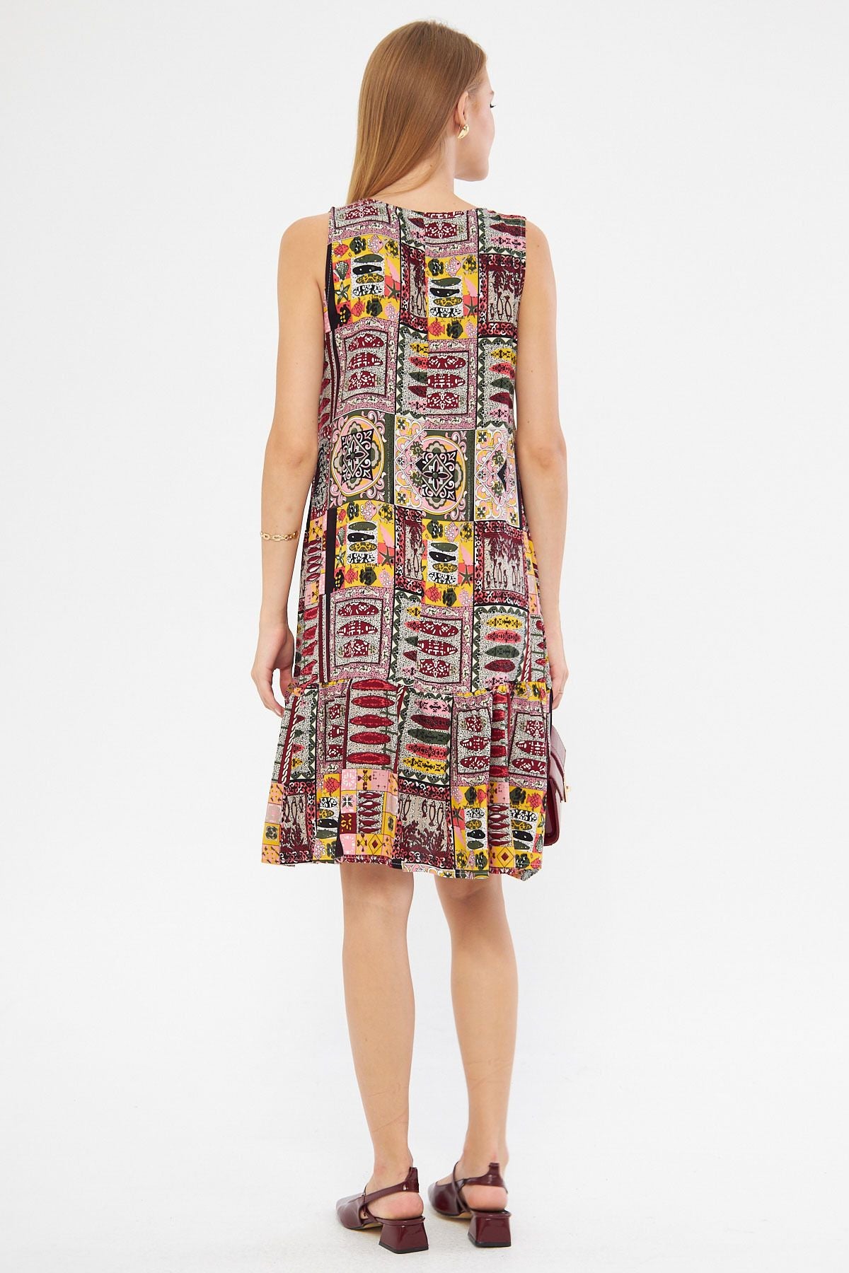 Woman Dark Bordeaux Patterned Sleeveless Skirt Ruffed Dress ARM-22K001142