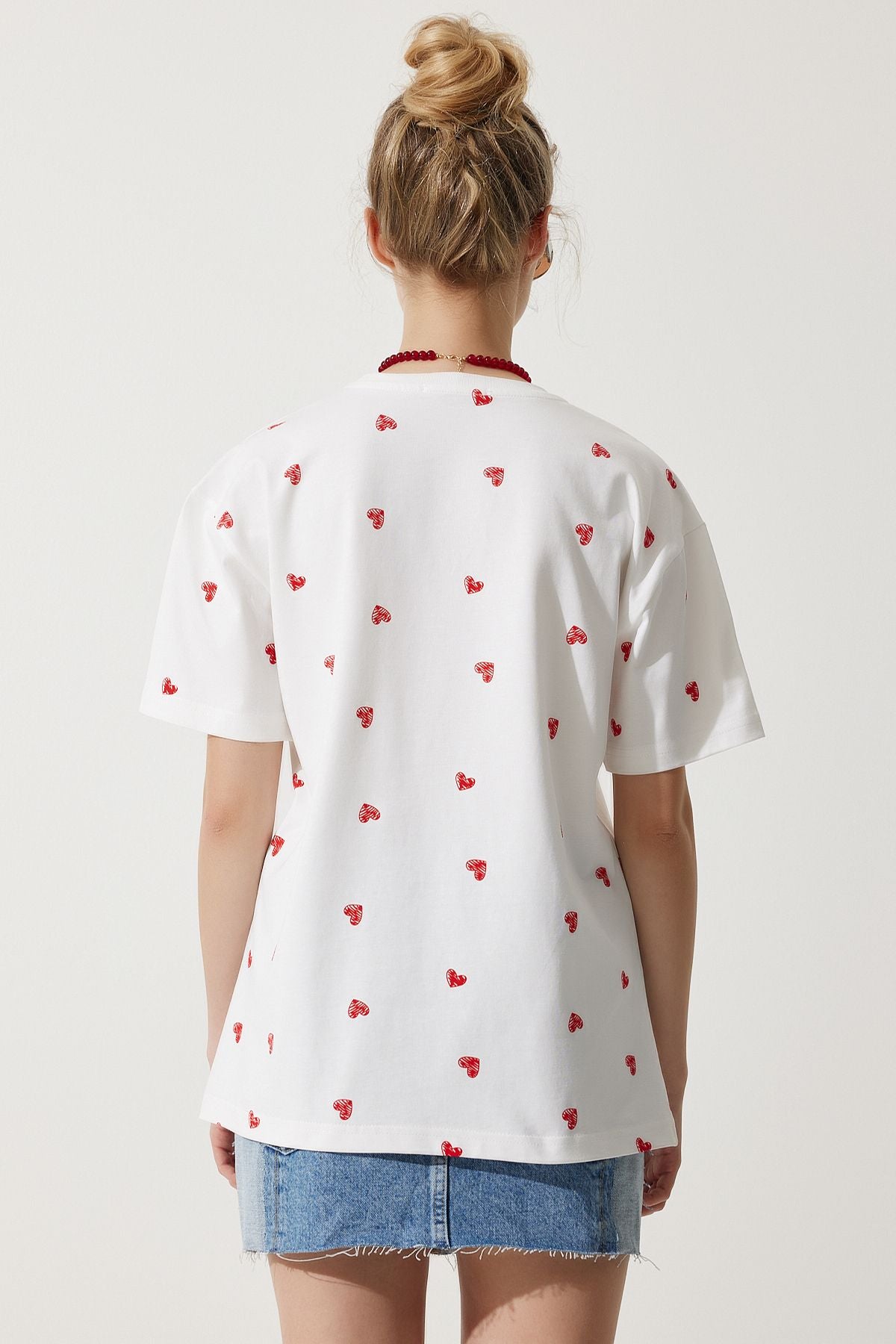 Woman White Heart 100 %Cotton Oversize Long Knitting T-Shirt NJ00148