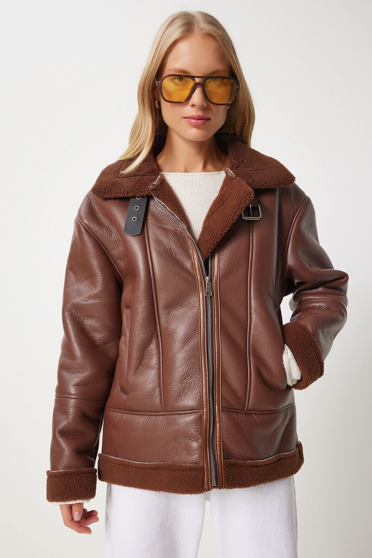 Female Brown Artificial Fur Artificial Leather Biker Jacket RV00202