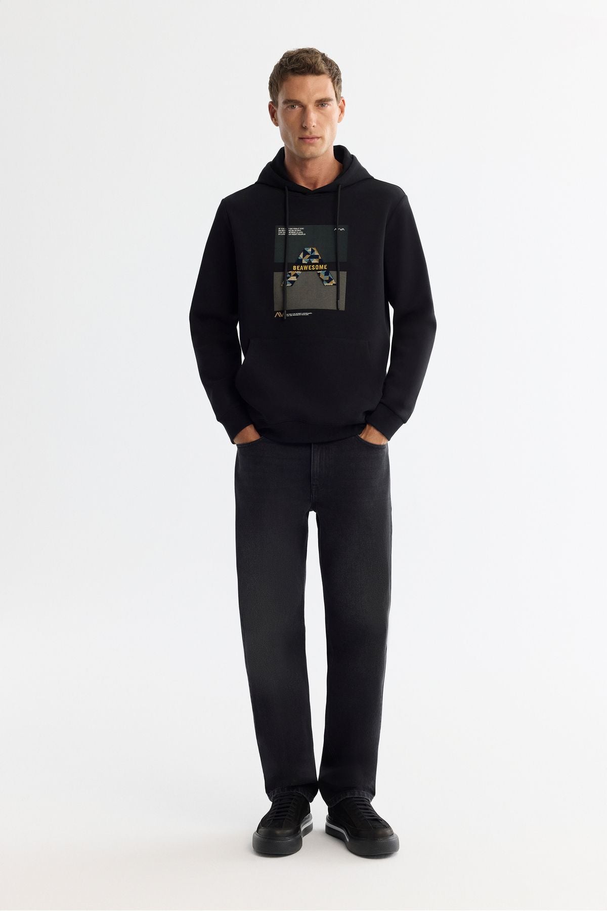 Men's black hooded cotton printed elastan sweatshirt a42y1321