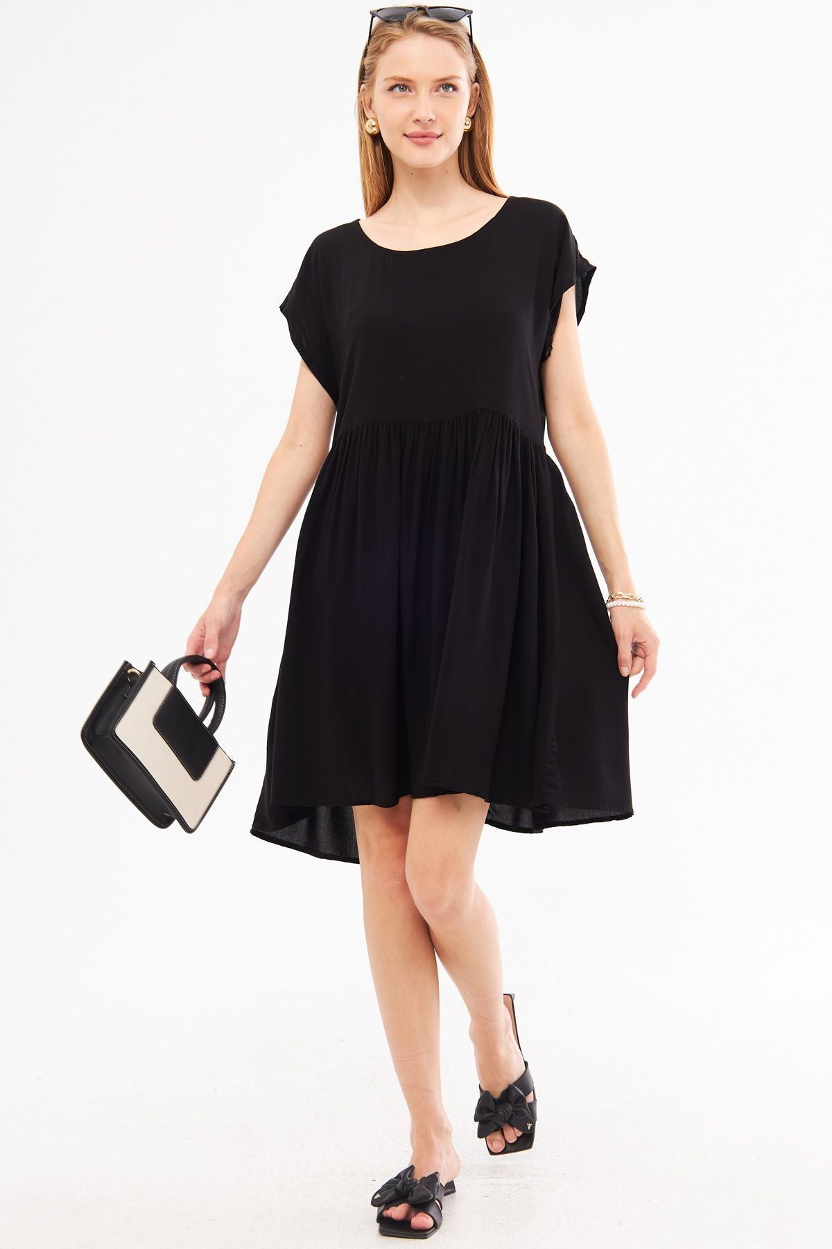 Female Black Waist Shirred Mini Dress ARM-24Y001090