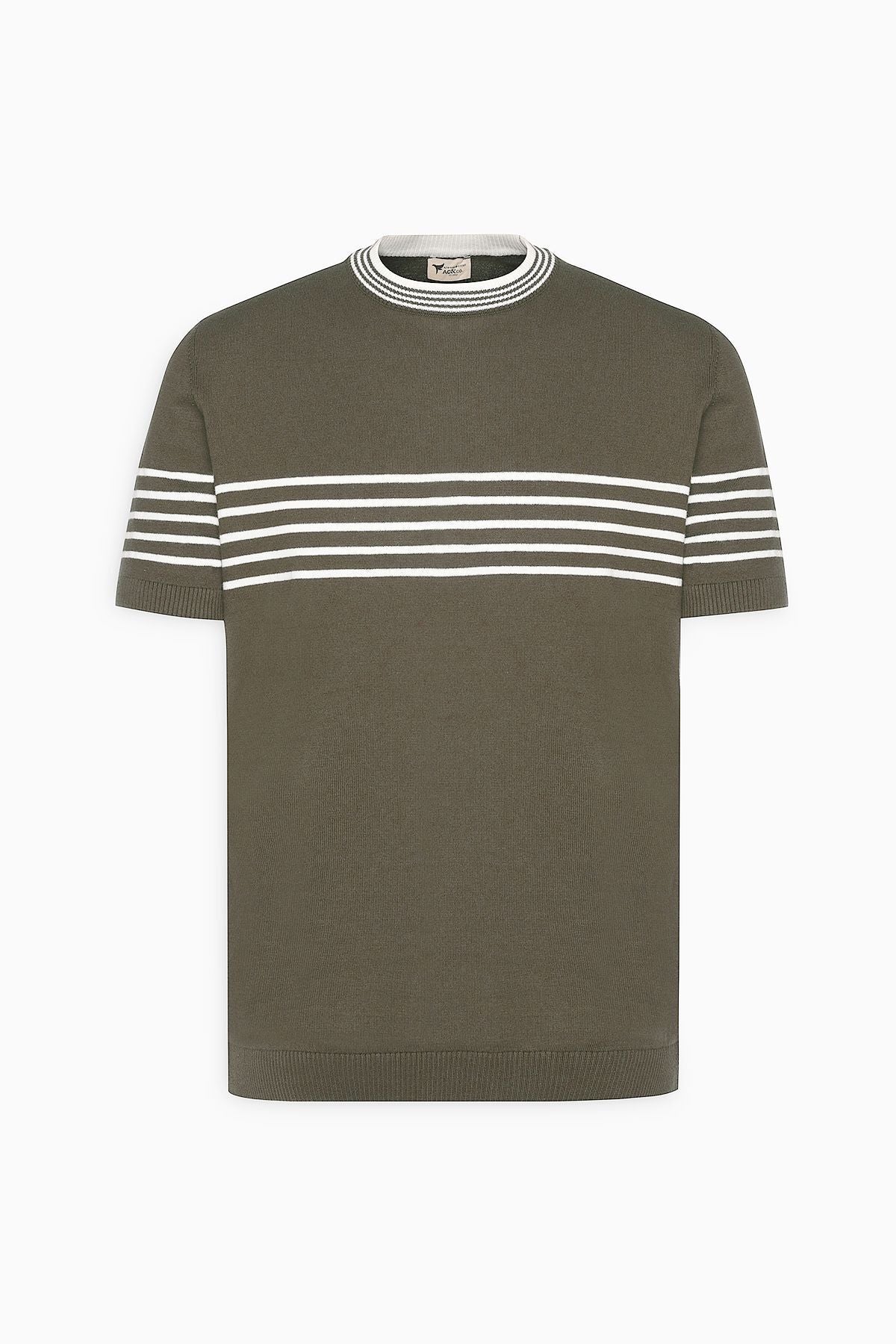 Men's Khaki-White Standard Fit Normal Cutting 100 %Cotton Striped Bicycle Yaka Triko T-shirt