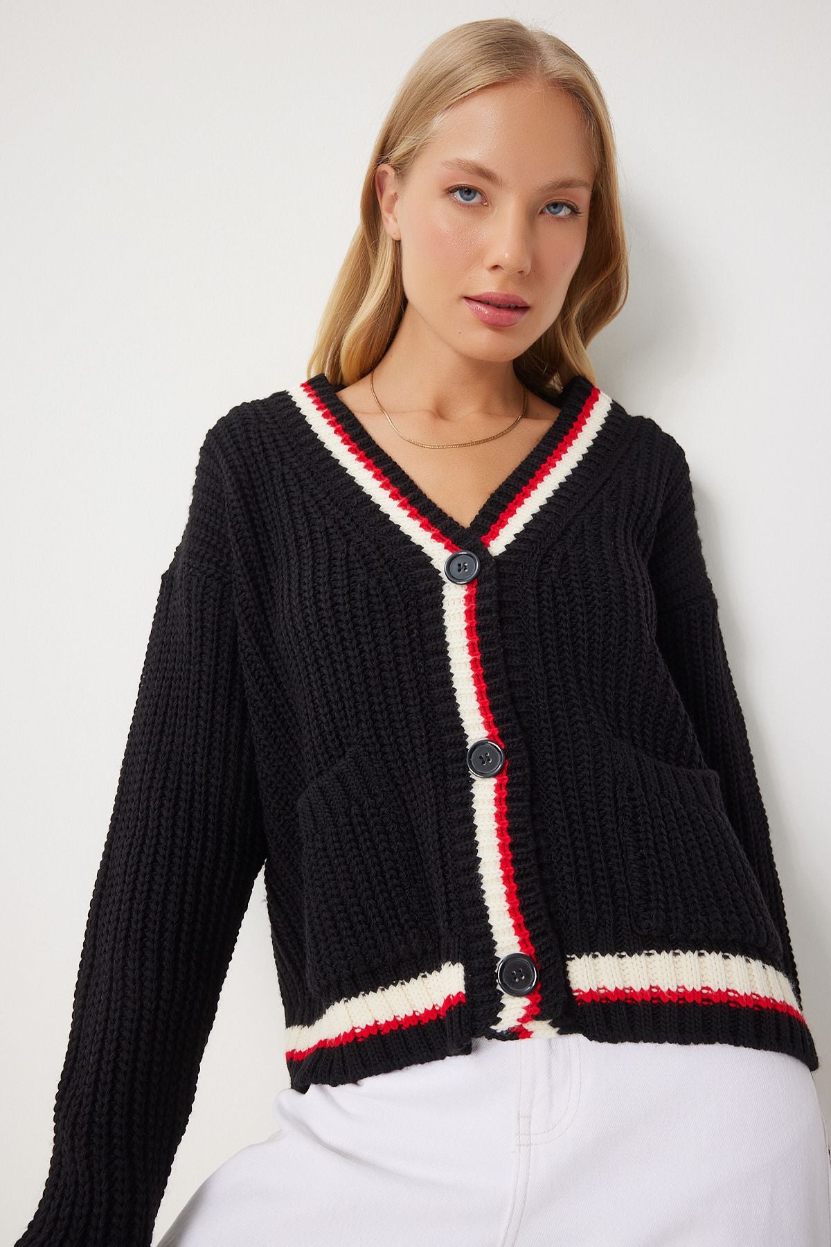 WOMEN'S BLACK V YAKA Ribbon Detail Triko Cardigan PF00085