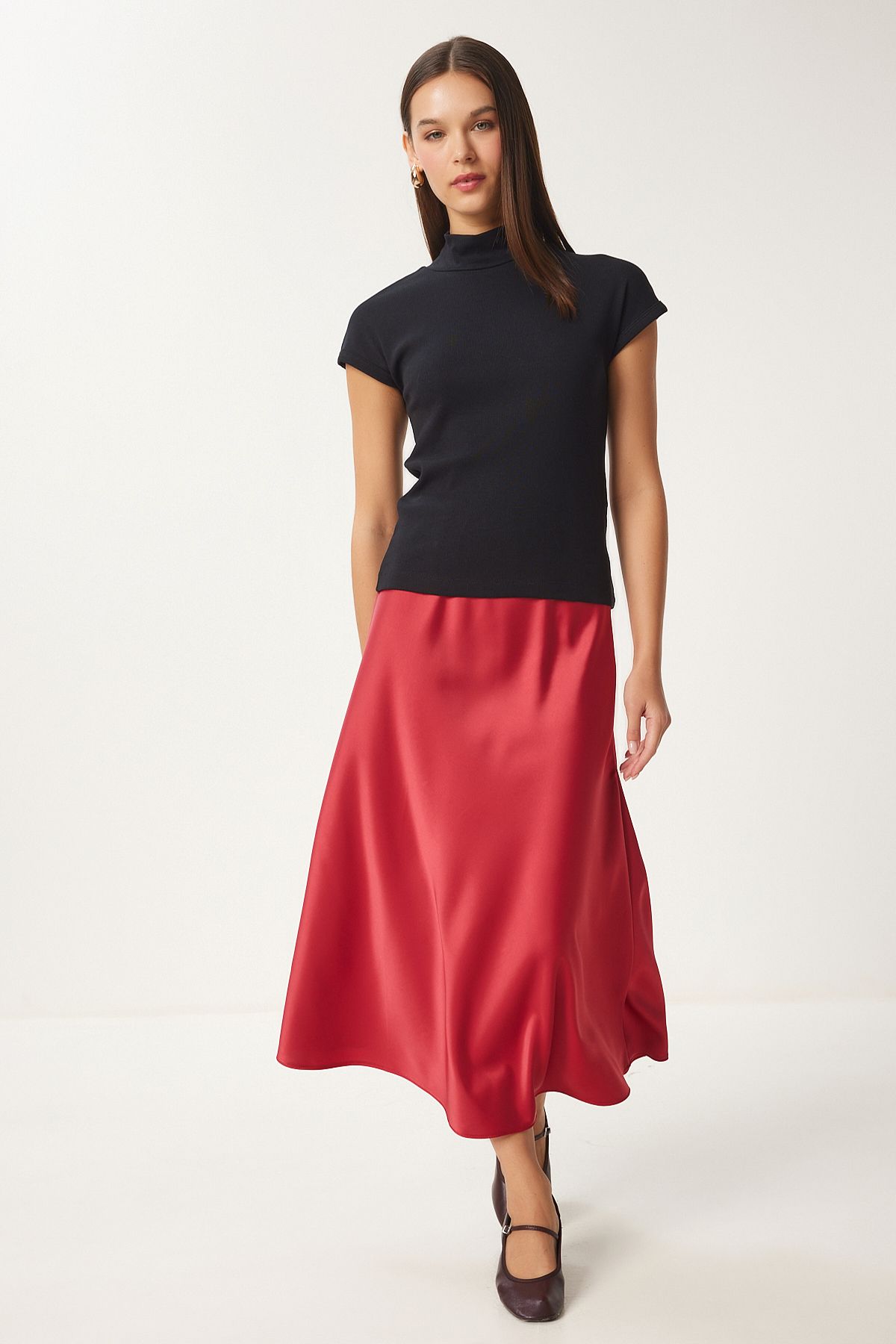 Woman Red Satin Surface Woven Skirt DP00224