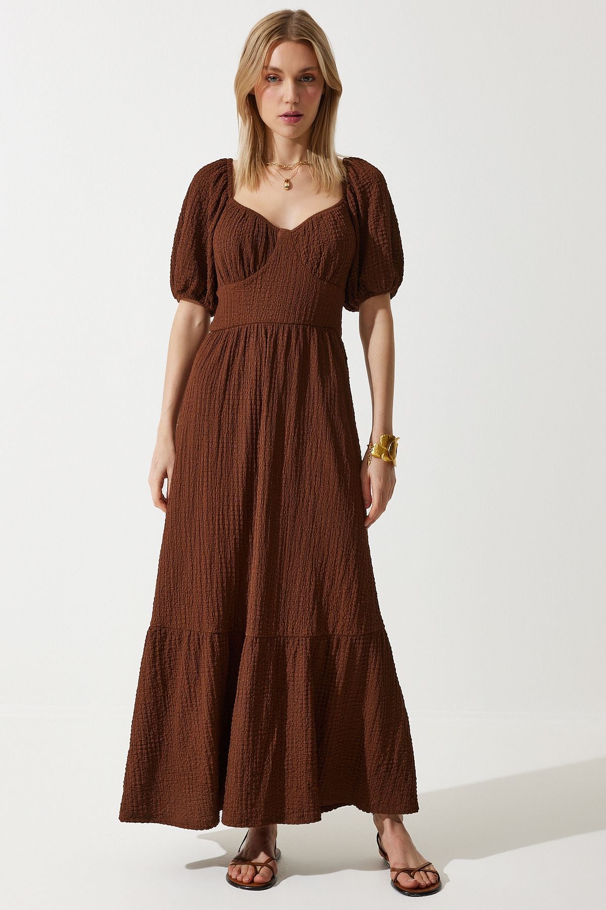 Female Brown Heart Collar textured summer knitted dress ub00050