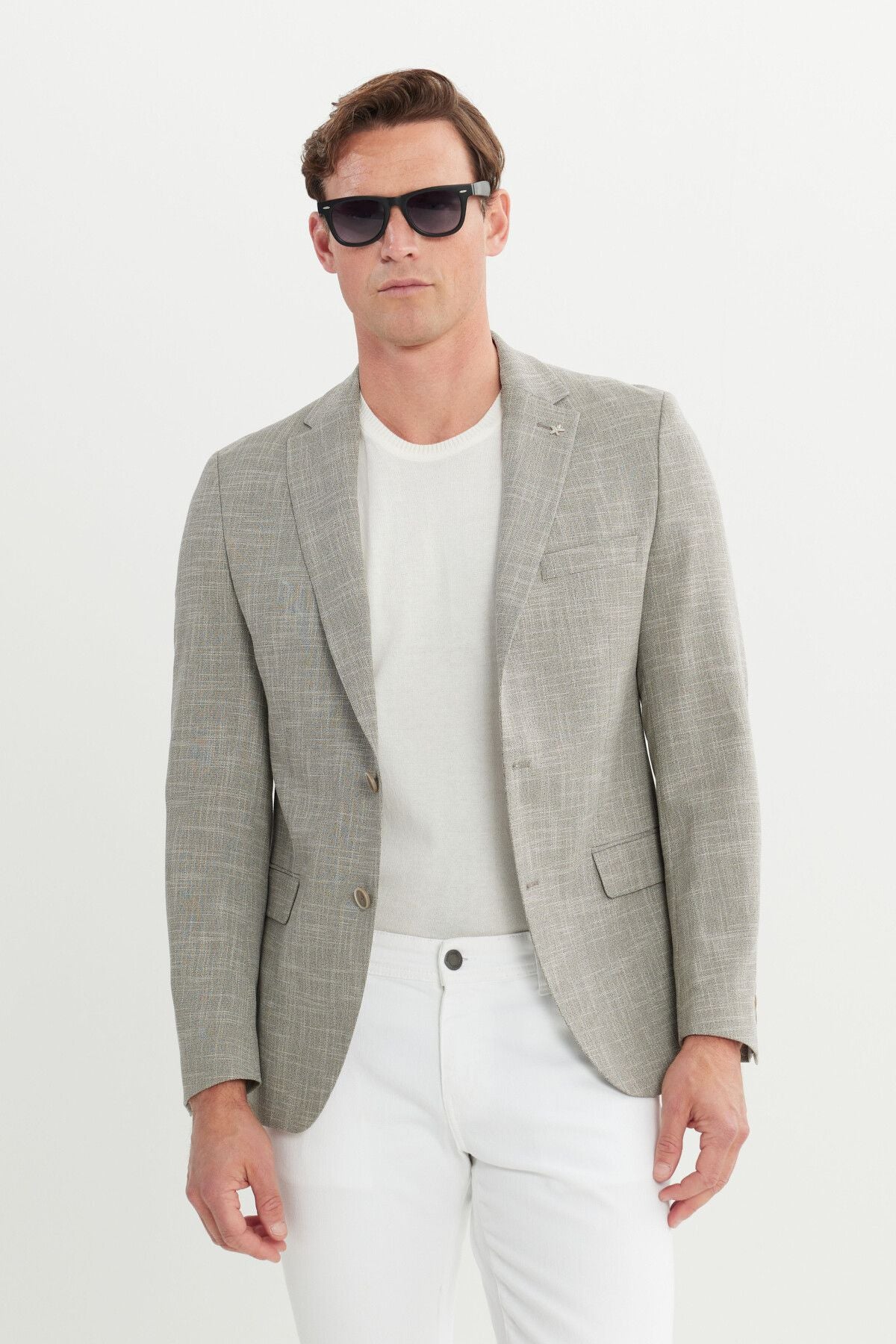 Men's Beige Slim Fit Narrow Cut Mono Yaka Amest Jacket