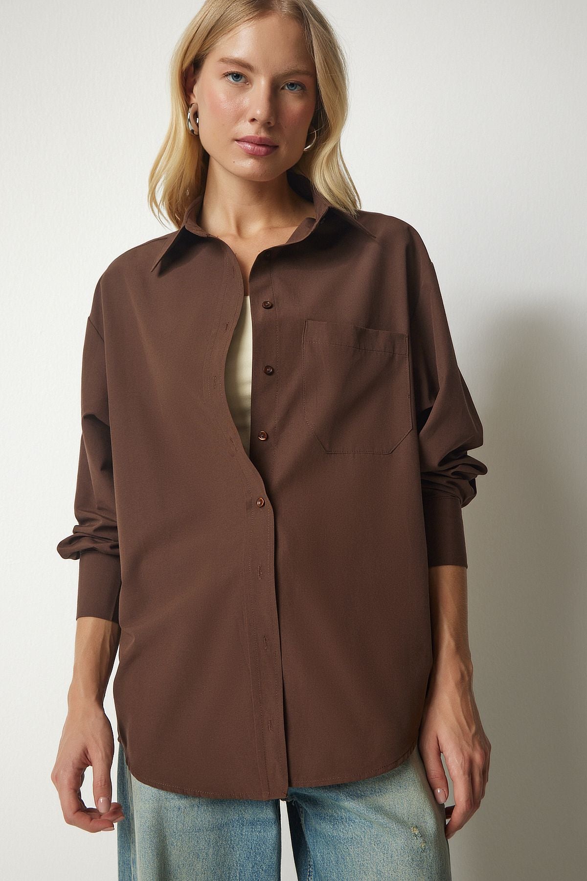 Female Brown Single Pocket Boyfriend Poplin Shirt CY00014